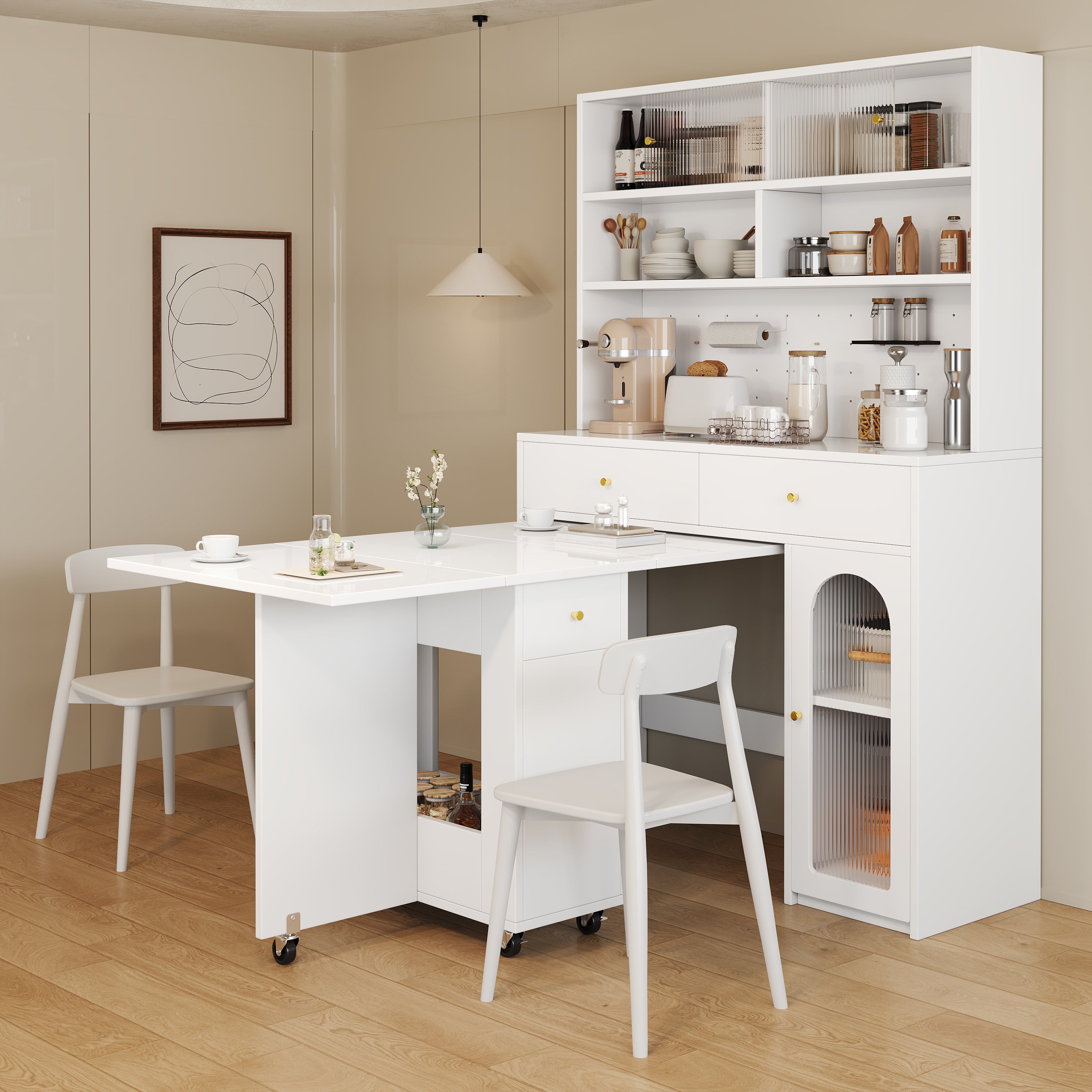 Conjunto de muebles de cocina - incluye 1 mesa de comedor plegable + 1 mesa alta - con ruedas para facilitar su desplazamiento - blanco