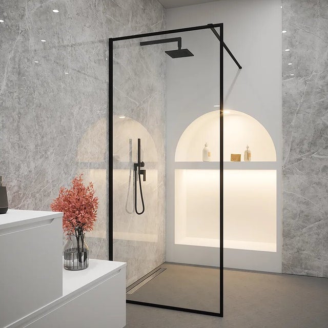 Douche à l'italienne full frame 110 cm verre transparent profilés noirs | Rodi