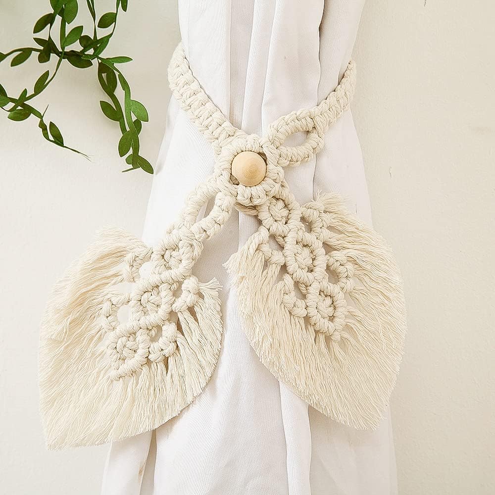 2 pièces porte-rideaux Boho, coton naturel, embrasses de rideaux en corde, faites à la main, attaches de rideaux tissées, Beige - 8
