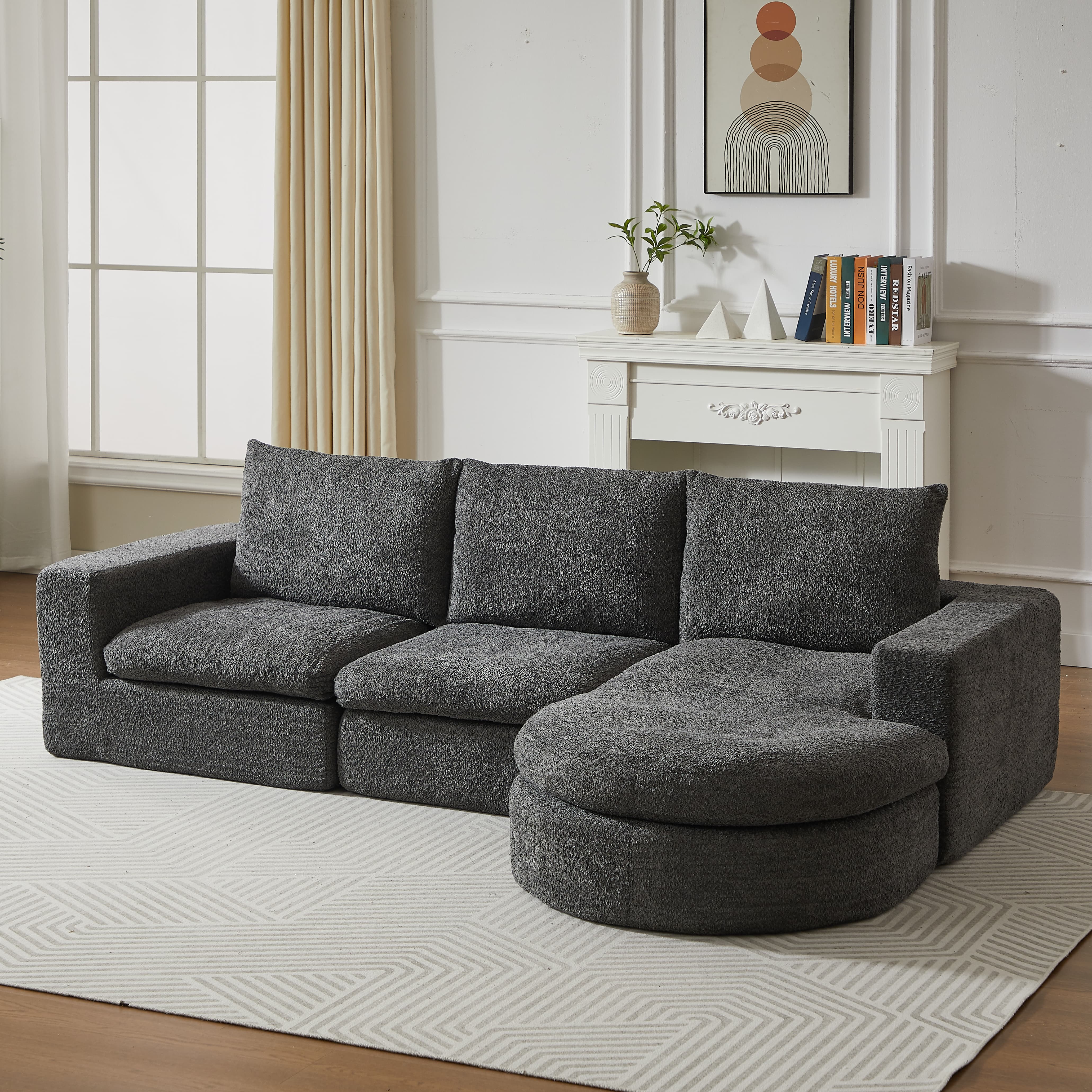 Canapé et chaise longue en chenille, canapé modulable combinable avec chaise longue en forme de L, canapé en mousse compressée - 6
