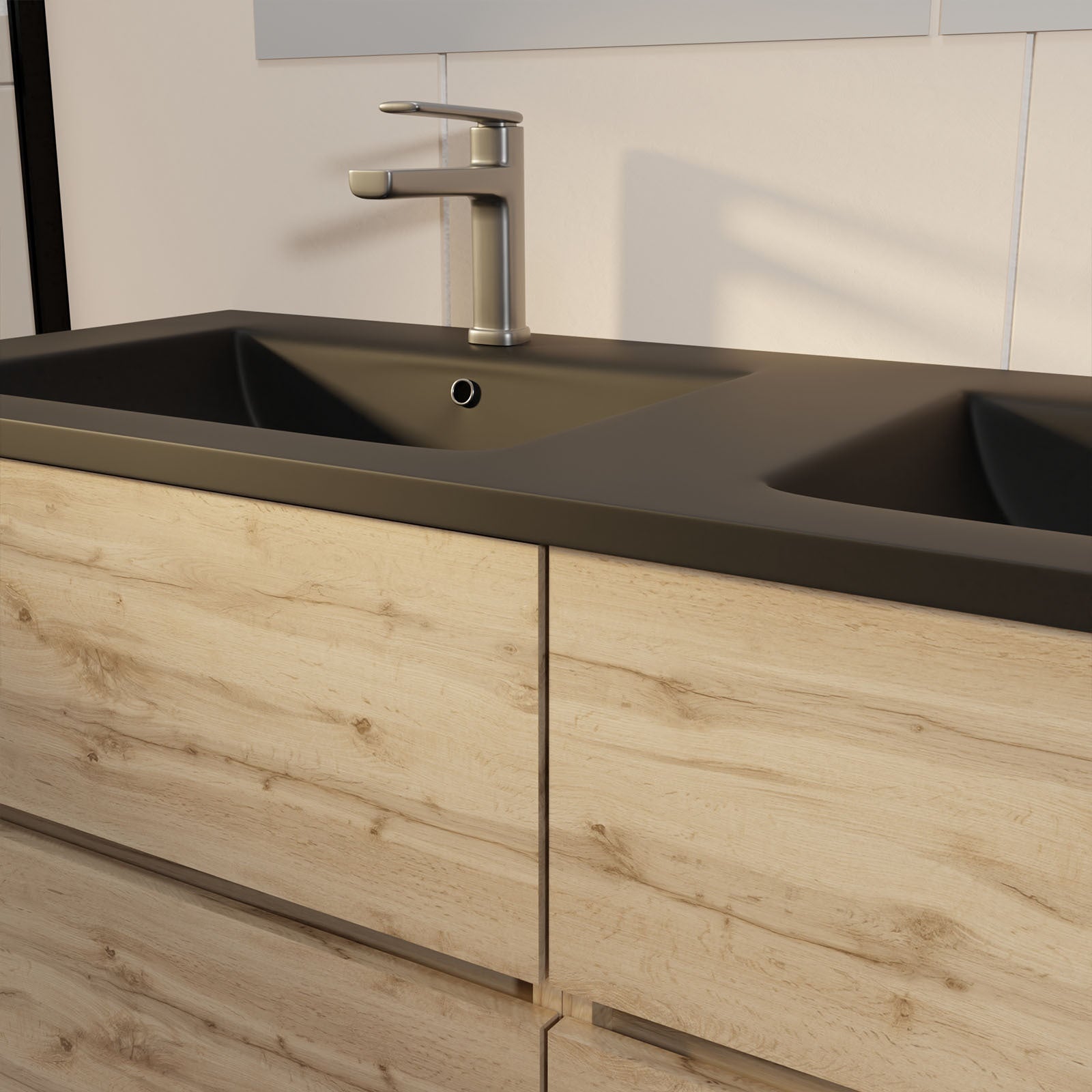 Meuble de salle de bains 120 cm 6 Tiroirs Chêne Naturel + Vasque Double Céramique Noire - TIMBER - 9