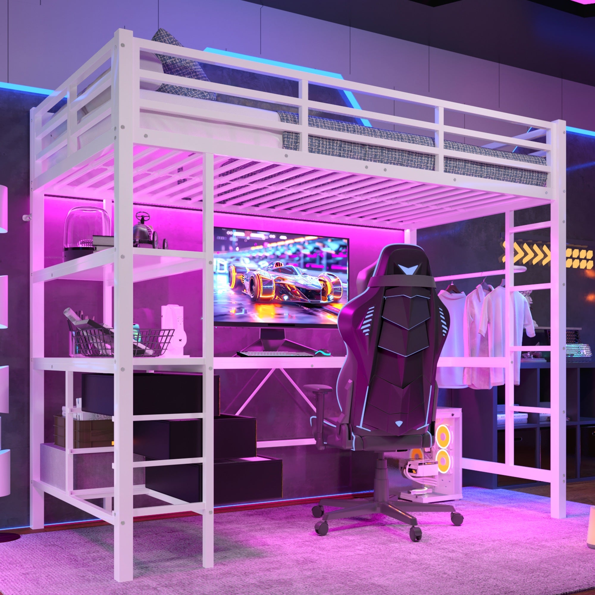 Lit mezzanine 90x200 cm,éclairage LED,bureau,prise électrique + port ...