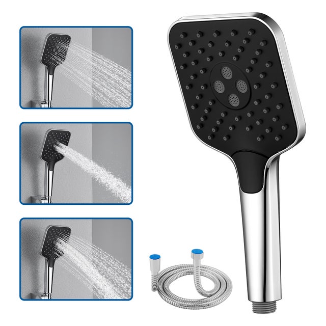 AURALUM MAX Pommeau de Douche Haute Pression+Tuyau de 1,5m en Inox,Avec 3 Modes de Jet,Pulvérisateur Douche Anti-Calcaire Pommeau,Chromé+Noir