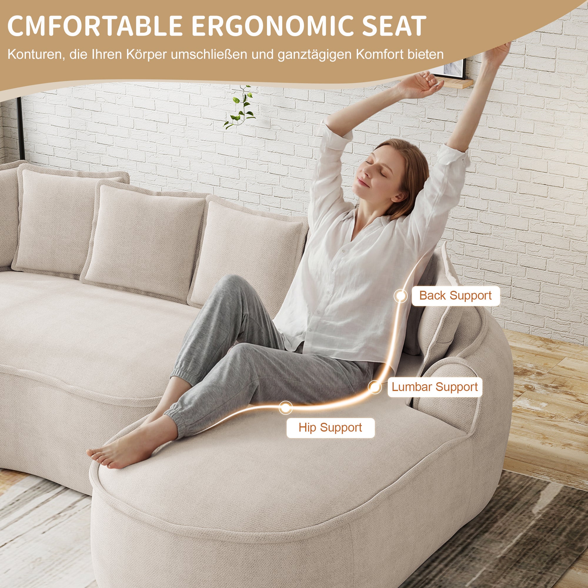 Canapé modulaire 4 places sans montage assise profonde ergonomique - coussins inclus, chenille marron clair - 7