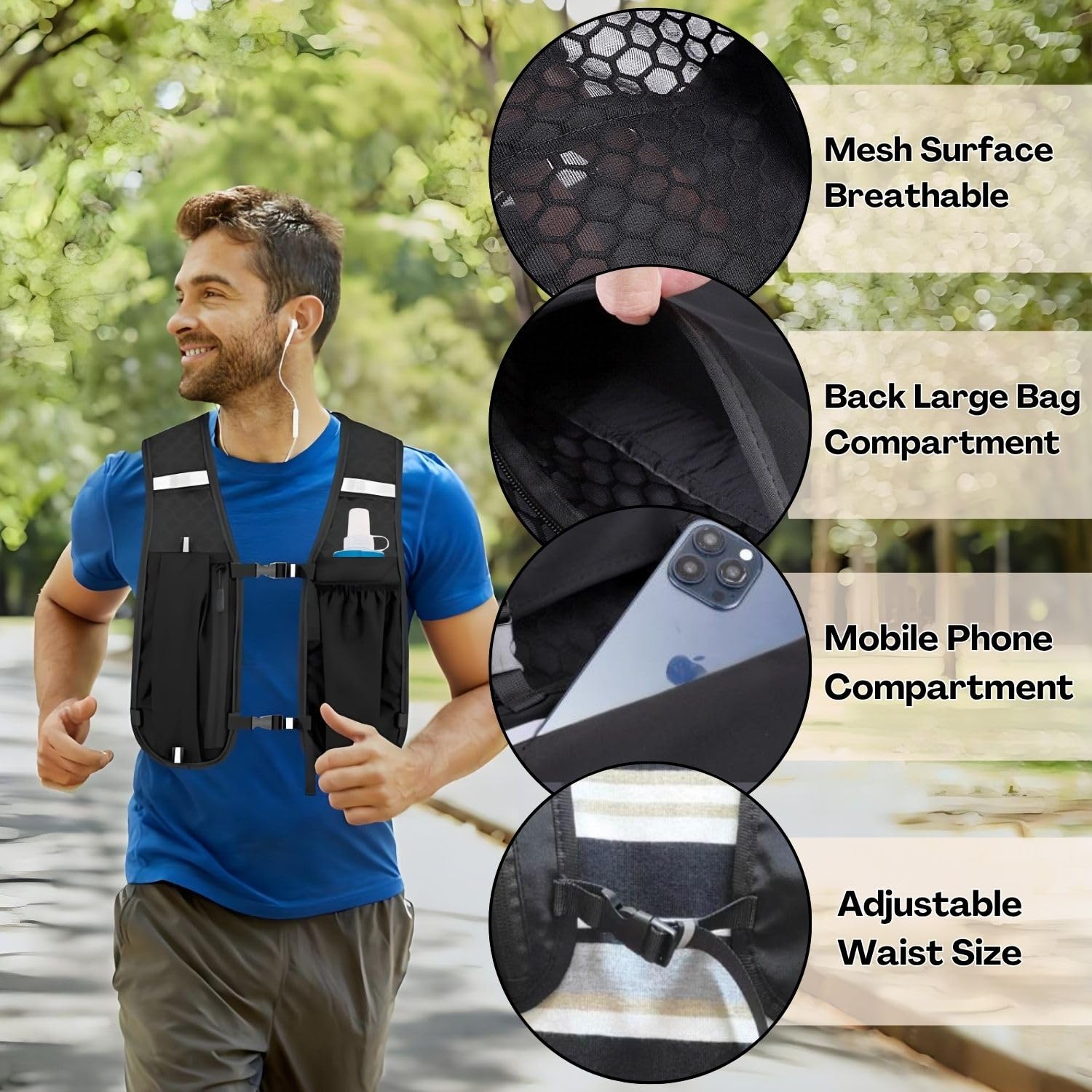Gilet de course pour homme et femme - Gilet de course avec gourde- Avec support pour téléphone portable - Gilet d'hydratation pour la course à pied - 3