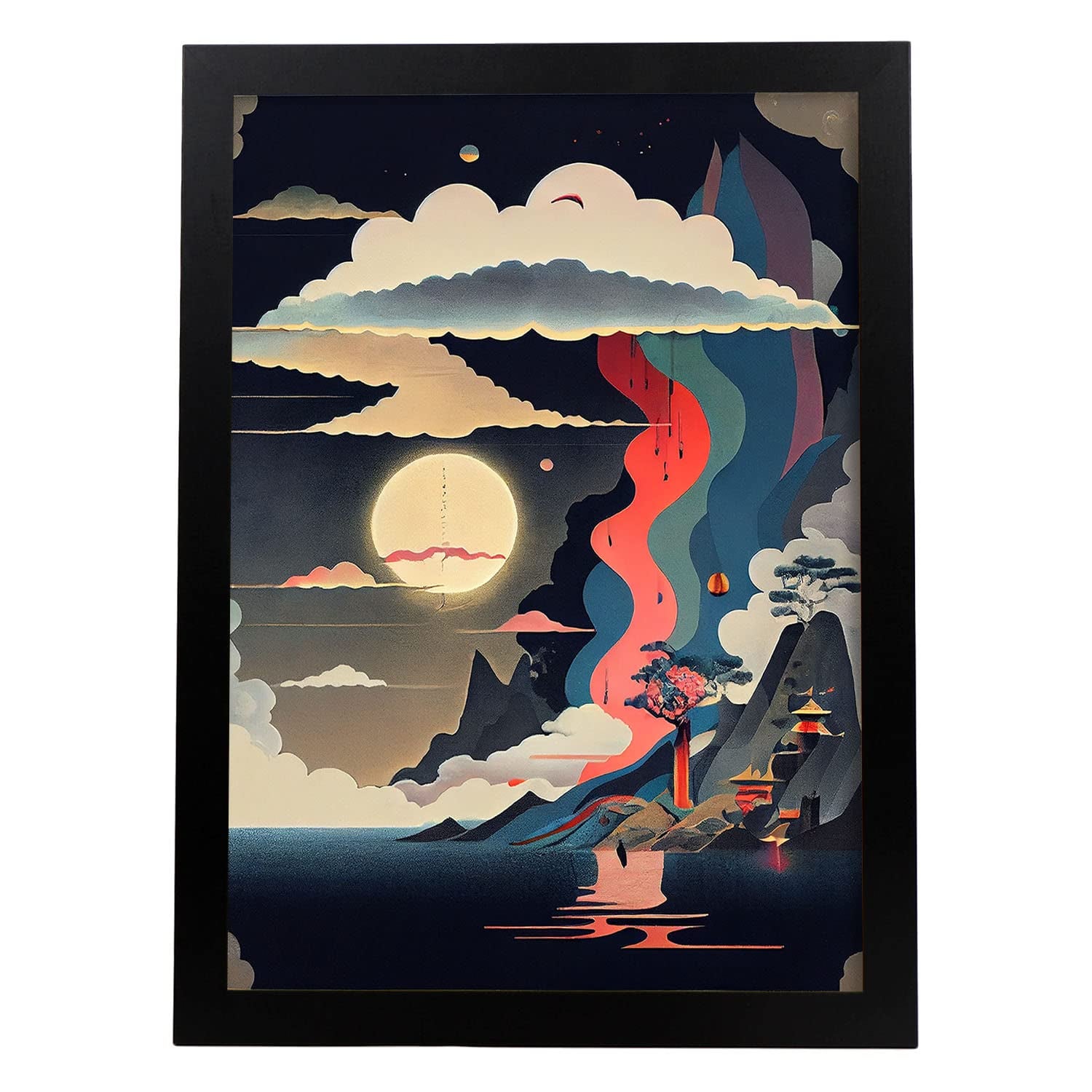 Nacnic poster noche en el estilo de arte japonés ukiyo paisajes abstractos y surrealistas en ilustraciones de arte oriental a3 marco negro