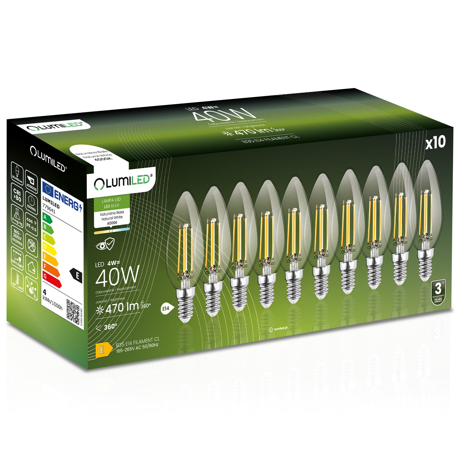 Żarówka LED Lumiled E14 Świeczka B35 4W 470lm 4000K Neutralna biel 360st Filament 10 szt.