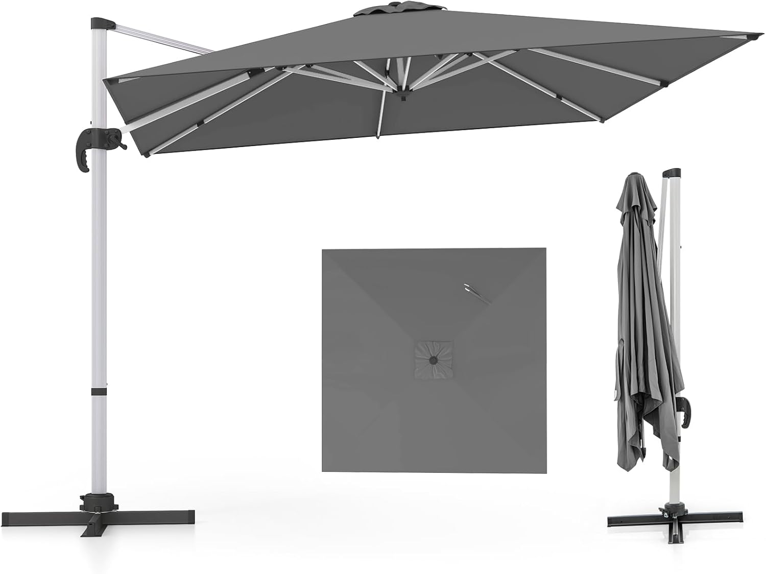 OUTSUNNY - Ombrellone 3x3 M A Braccio Con 8 Stecche, Pedale E Manovella In Alluminio E Poliestere Color Khaki 84d 112v01kk