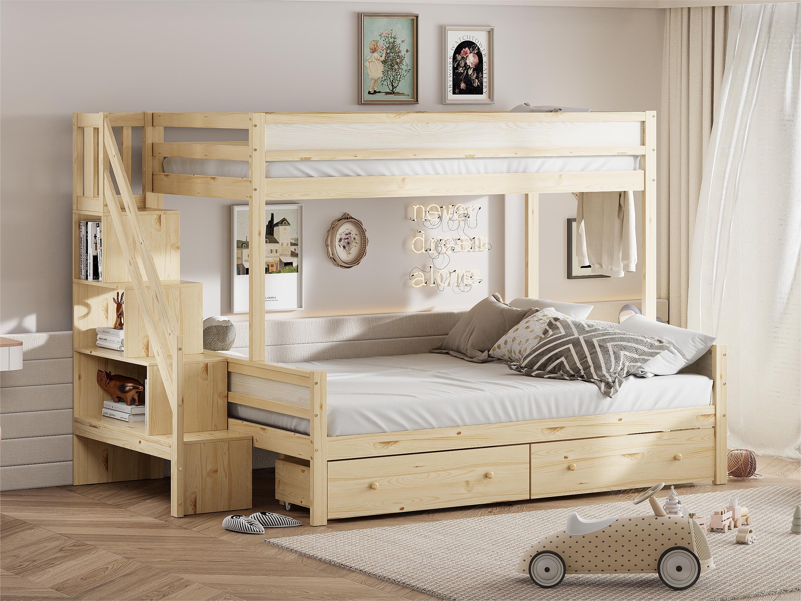 Lit superposé enfant 90/140x200 cm - en bois massif - avec escalier de ...