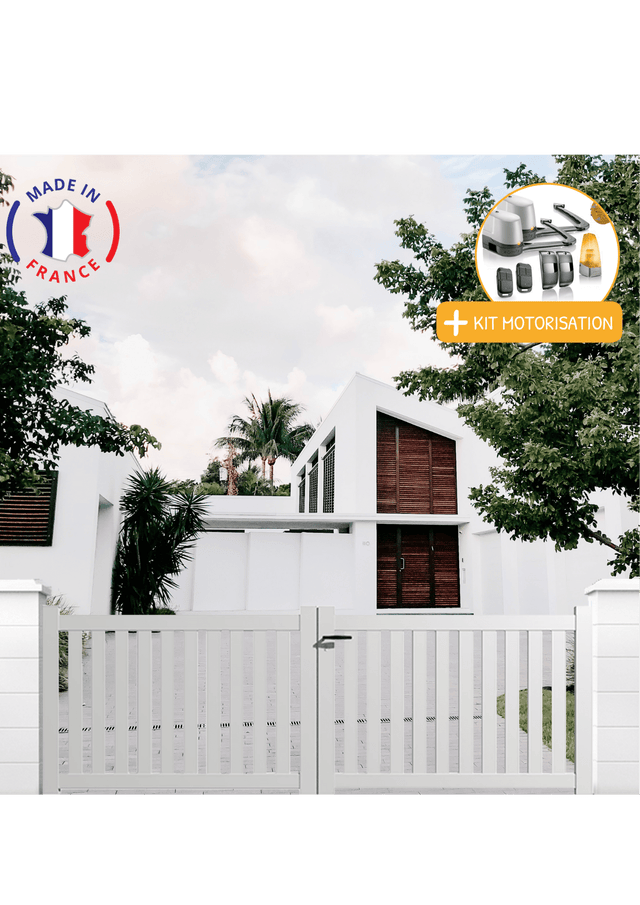 Portail aluminium battant ajouré en kit + Motorisation dimensions L.3000 (entre piliers) X H.1200 mm LOCKYVIA (à bras) Couleurs Blanc (RAL 9010)