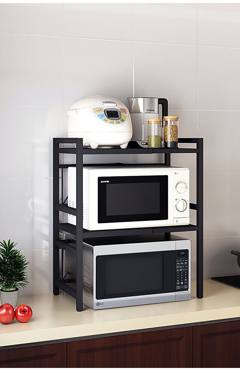 Estante para Microondas Retráctil de Doble Nivel con 6 Ganchos – Acero al Carbono, Anti-Rust y Anti-Suciedad, Altura Ajustable, Negro - 7
