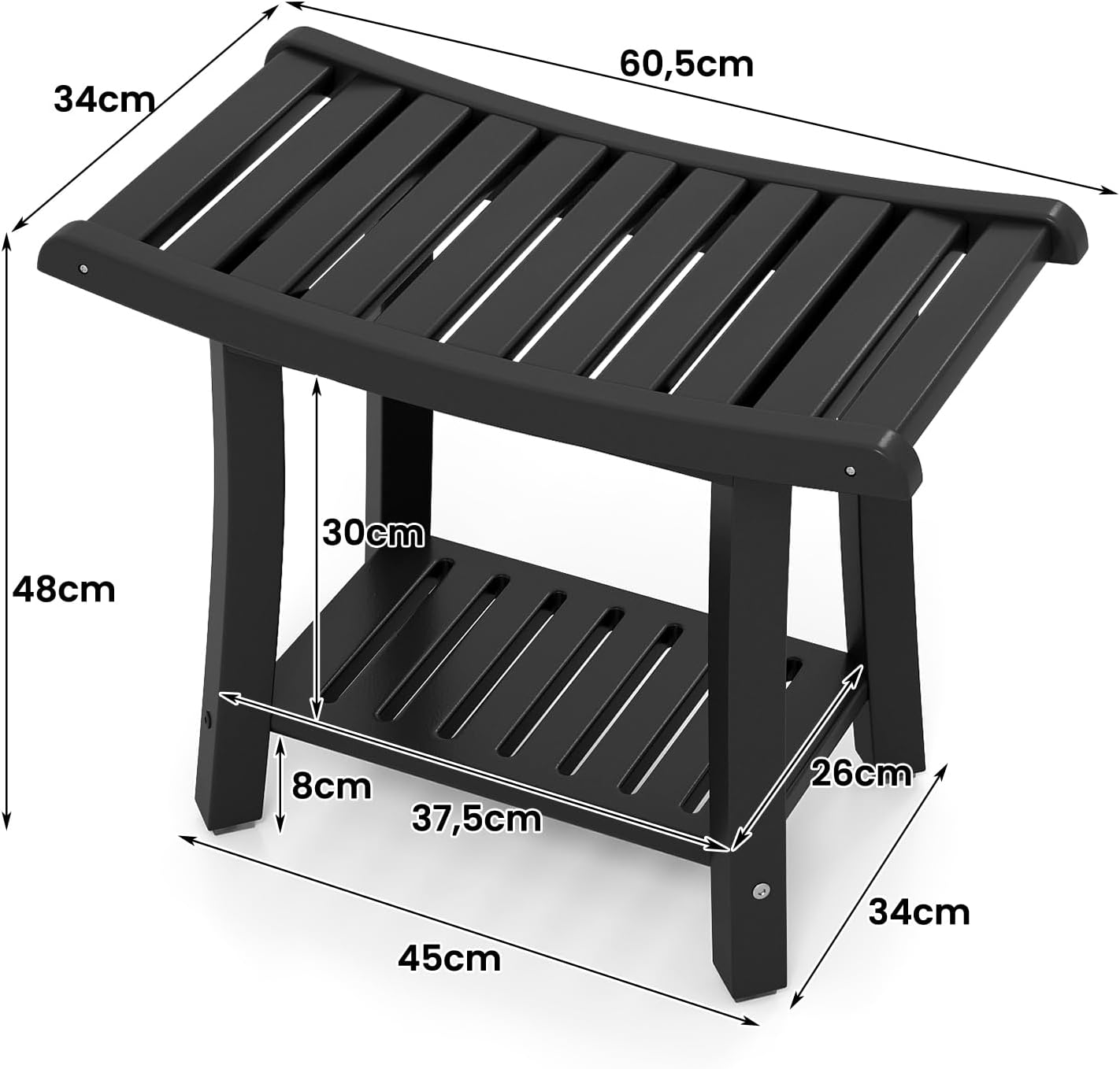 Tabouret de Douche en HDPE Imperméable, Tabouret Salle de Bain avec Étagère de Rangement, Coussinet Antidérapant, pour Intérieur/Extétrieur, Noir - 3