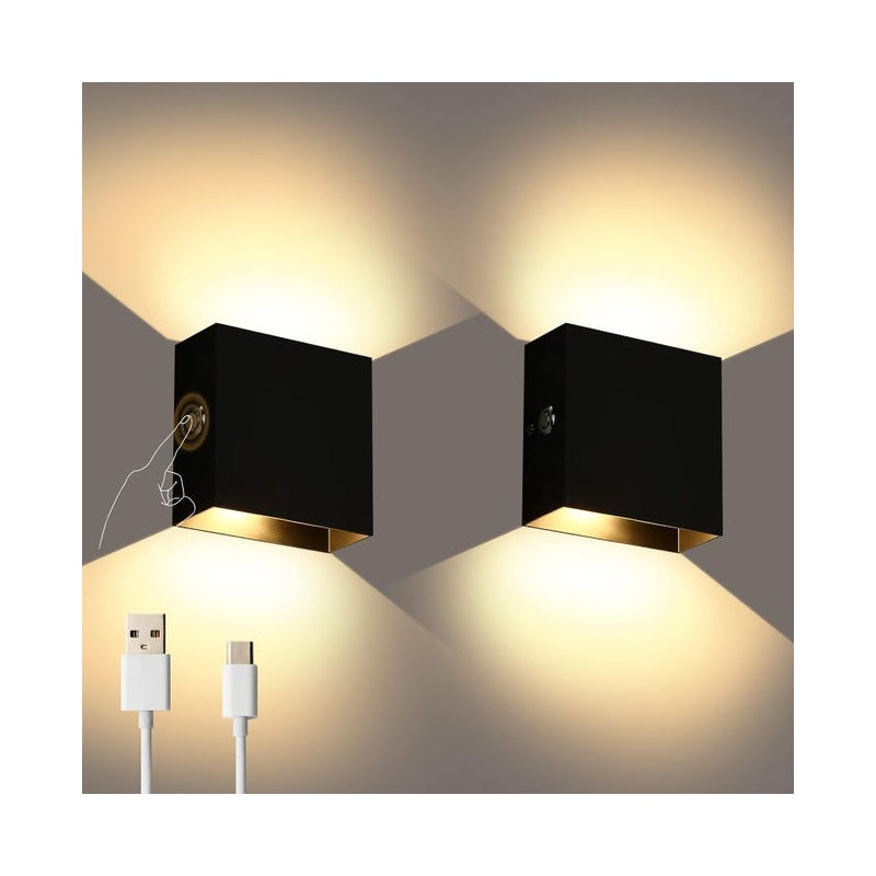 Zestaw 2 zasilanych bateryjnie, dotykowych, ściemnialnych, ładowalnych kinkietów LED w kolorze czarnym, idealnych do salonów, ciepłe białe światło.