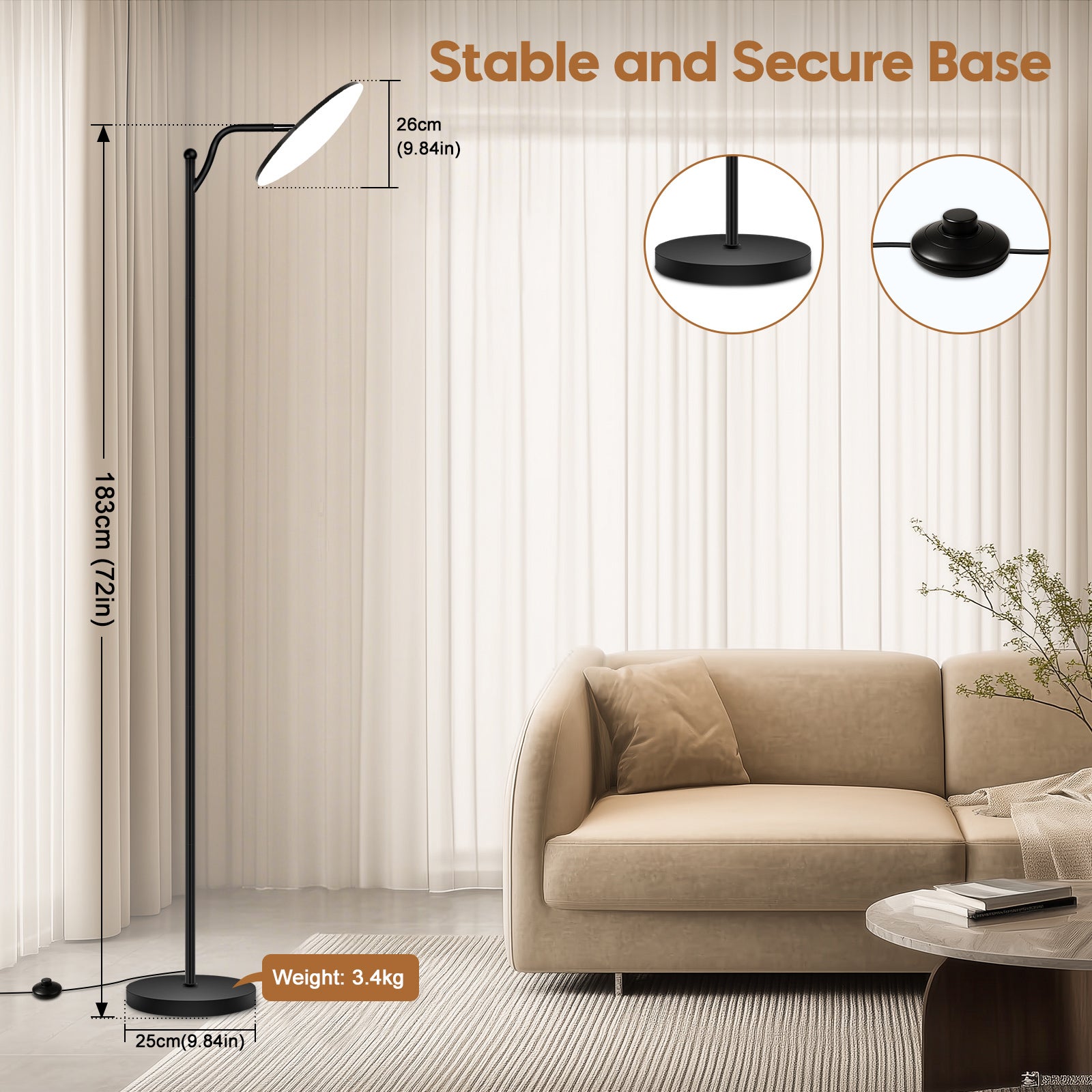 LOVHAUS Lampe sur Pied LED à Intensité Réglable - Lampe de Lecture Noire 32W avec Télécommande (2700K-6500K) pour Chambre à Coucher, Bureau - 4