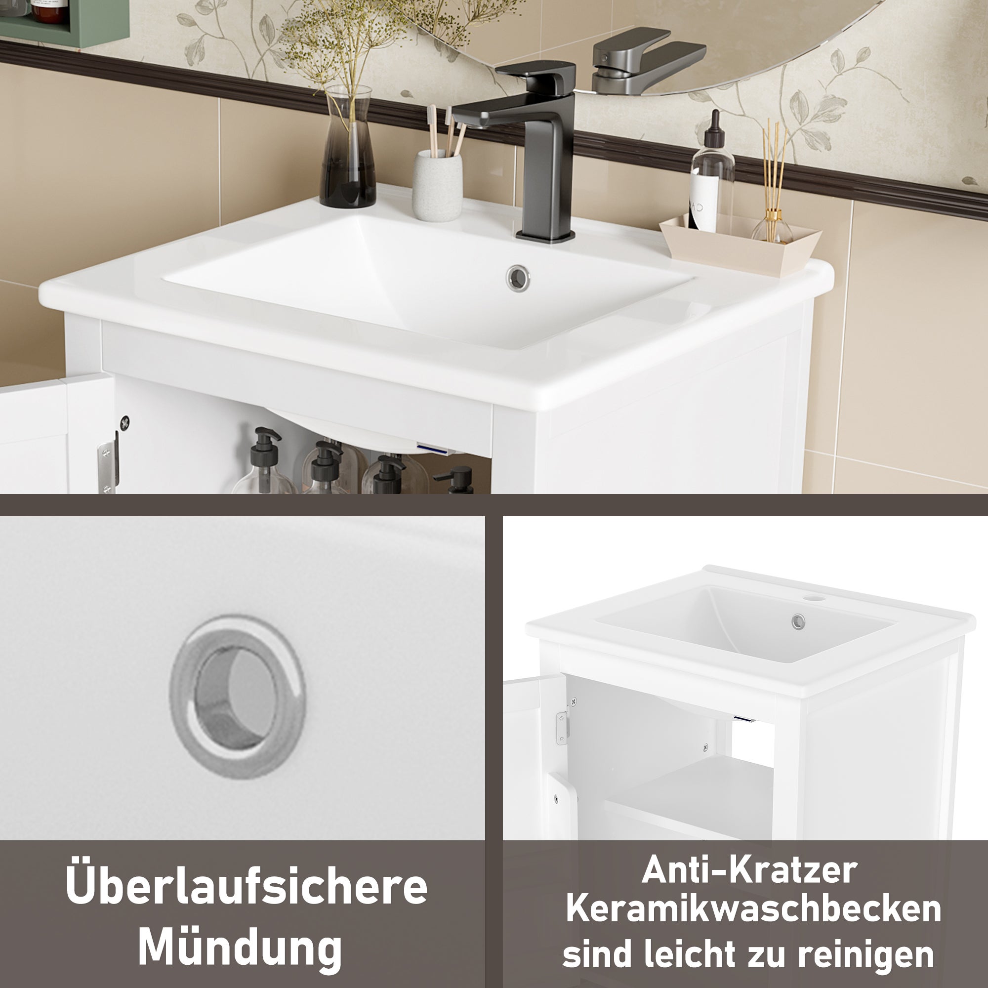Meuble de salle de bain sur pied 51 x 46 x 85 cm avec vasque, tiroir silencieux grande capacité, étagère réglable - 9