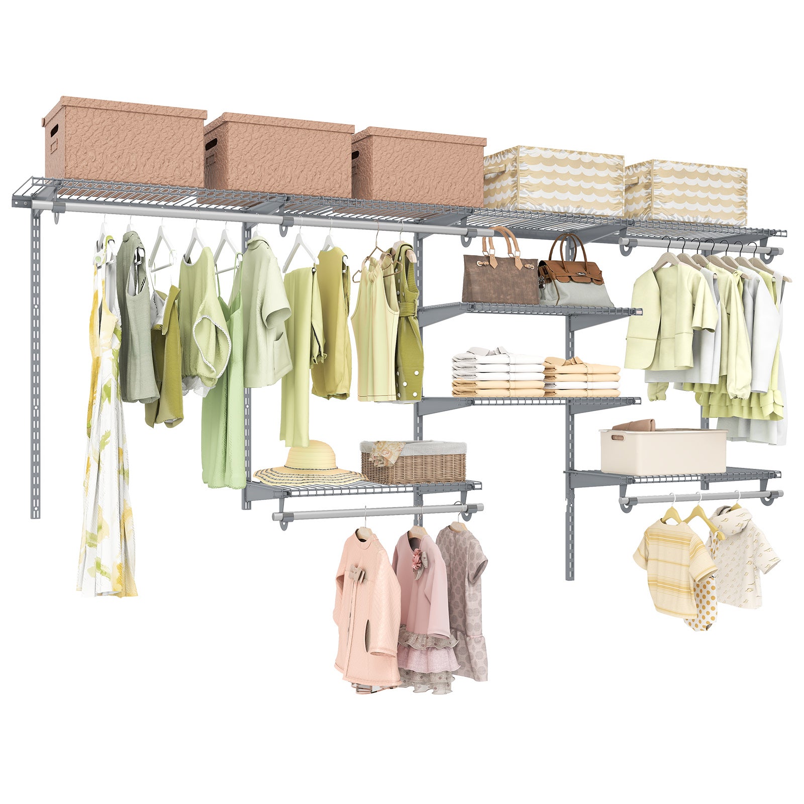 Zestaw Szaf Wiszących o Wysokości 122–244 cm, Ubrania do Garderoby DIY z Otwartymi Półkami, Drążkami do Wieszania i Inteligentną Regulacją, Szary