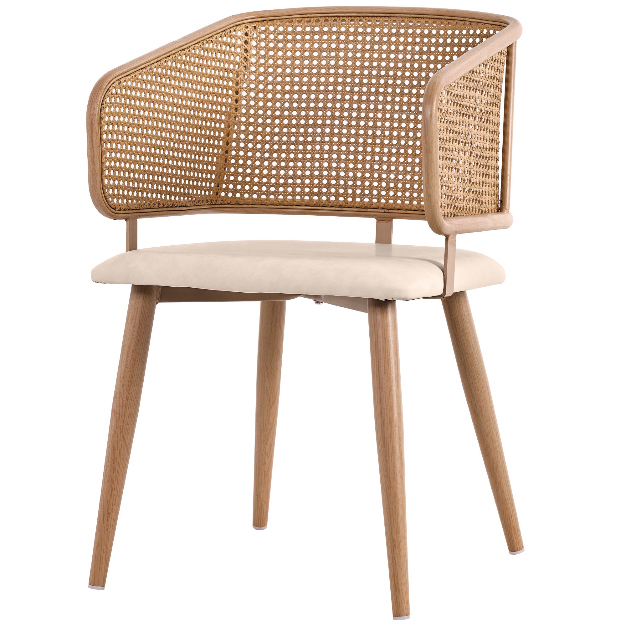 Lot de 2 chaises avec dossier en rotin - coussins en similicuir beige - pieds en métal - Marron - 9