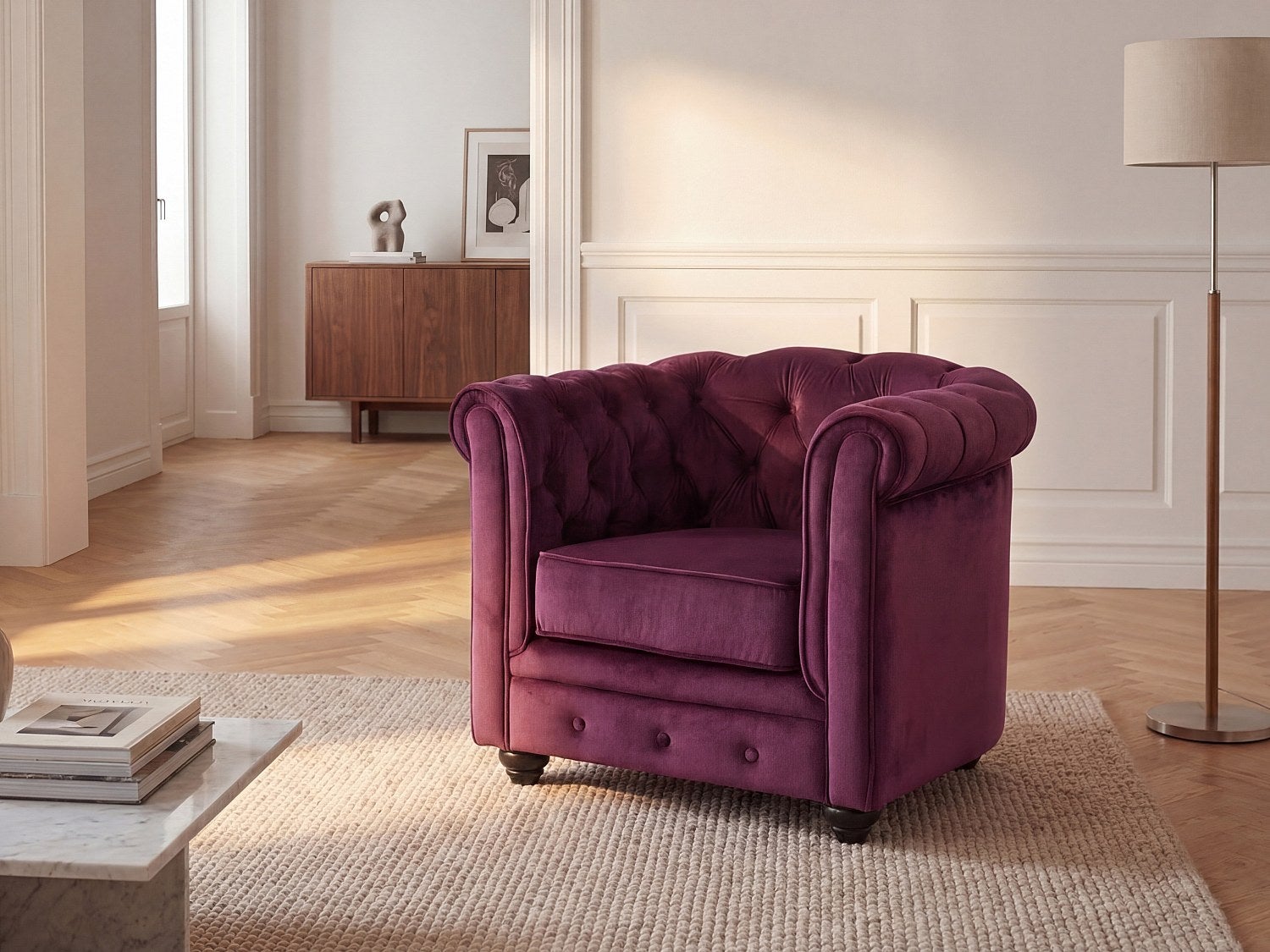 Fotel CHESTERFIELD – welur w kolorze purpurowym
