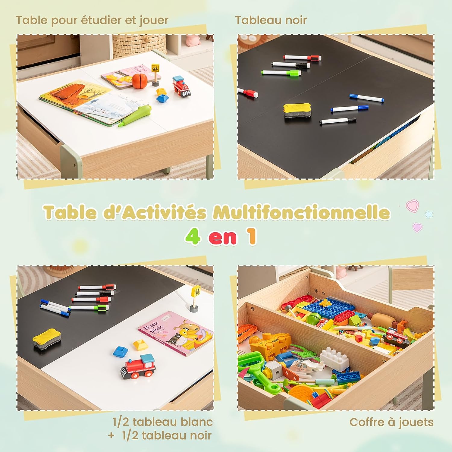 Table Enfants avec 2 Chaises et Tableau Amovible, Espace de Rangement, Bureau pour Dessiner Jouer, Charge 30kg pour 3-6 Ans, Vert - 2