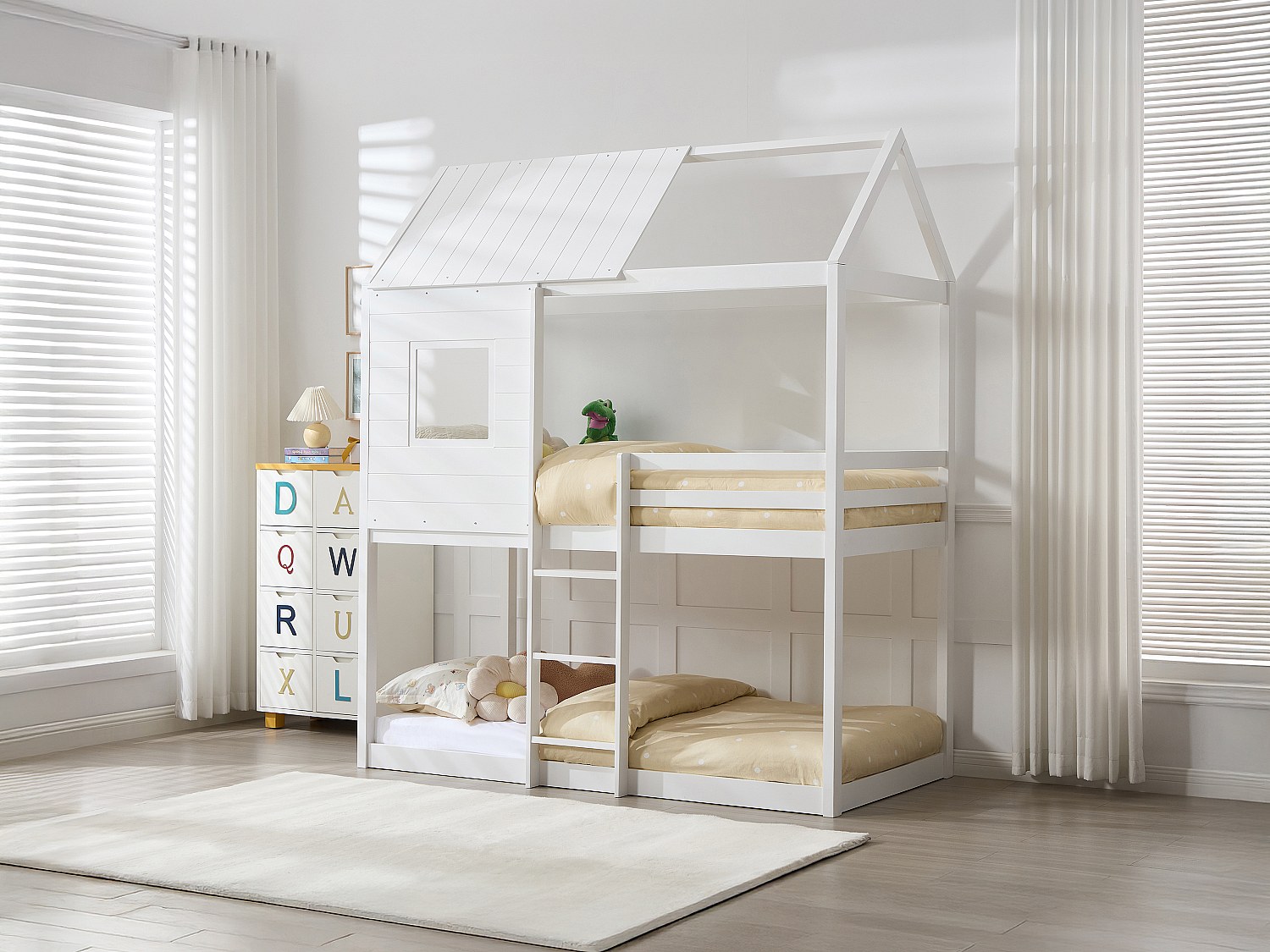 Łóżko piętrowe domek 2 x 90 x 190 cm - Drewno sosnowe i MDF - Biały + Materac - LIDOVARA