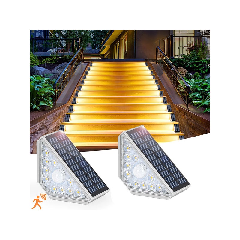 Solarne oświetlenie schodów z czujnikiem ruchu, zestaw 2 lamp solarnych na zewnątrz, wodoodporność IP65, ciepłe białe światło
