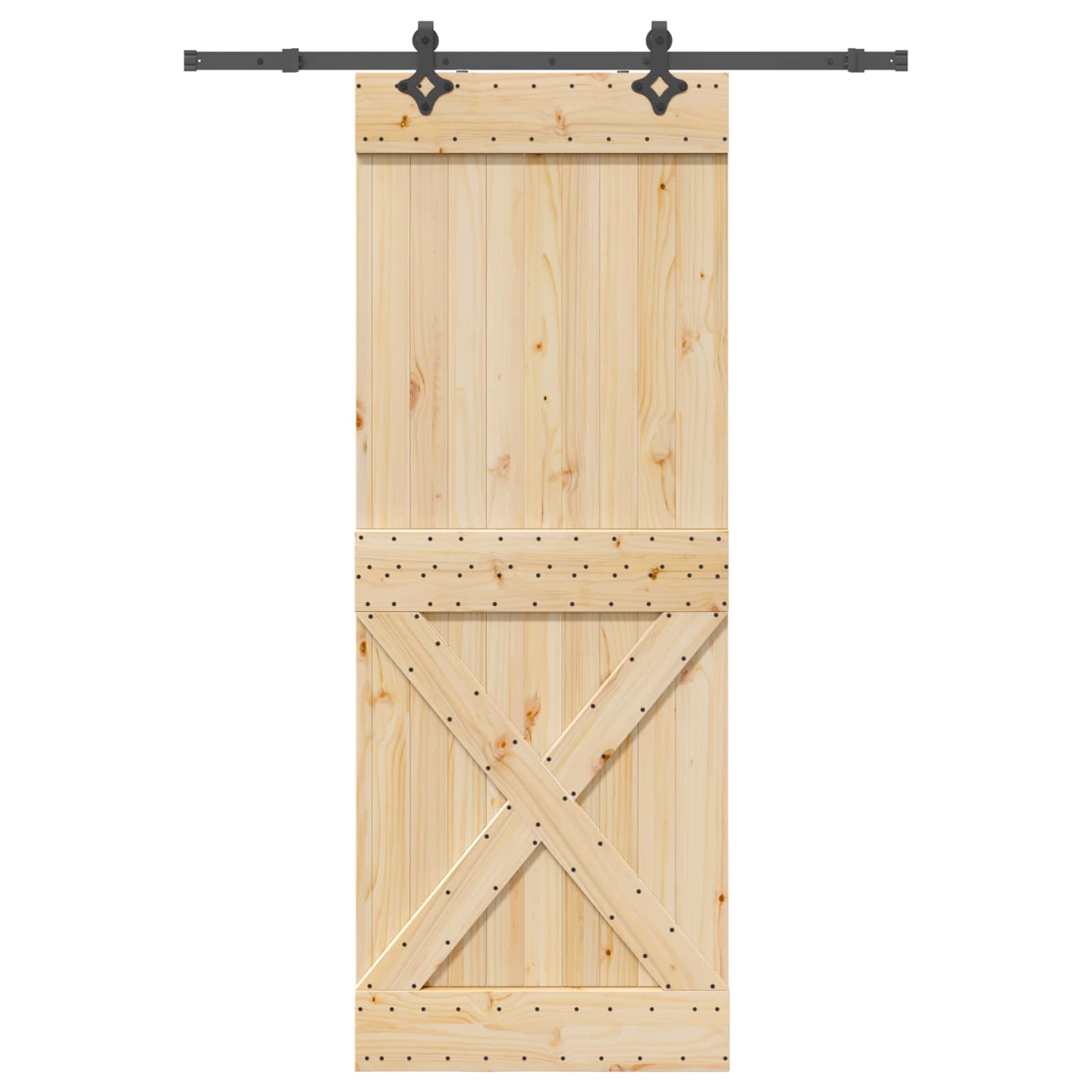 Porte coulissante avec rail - Bois de pin massif et acier - Naturel et ...