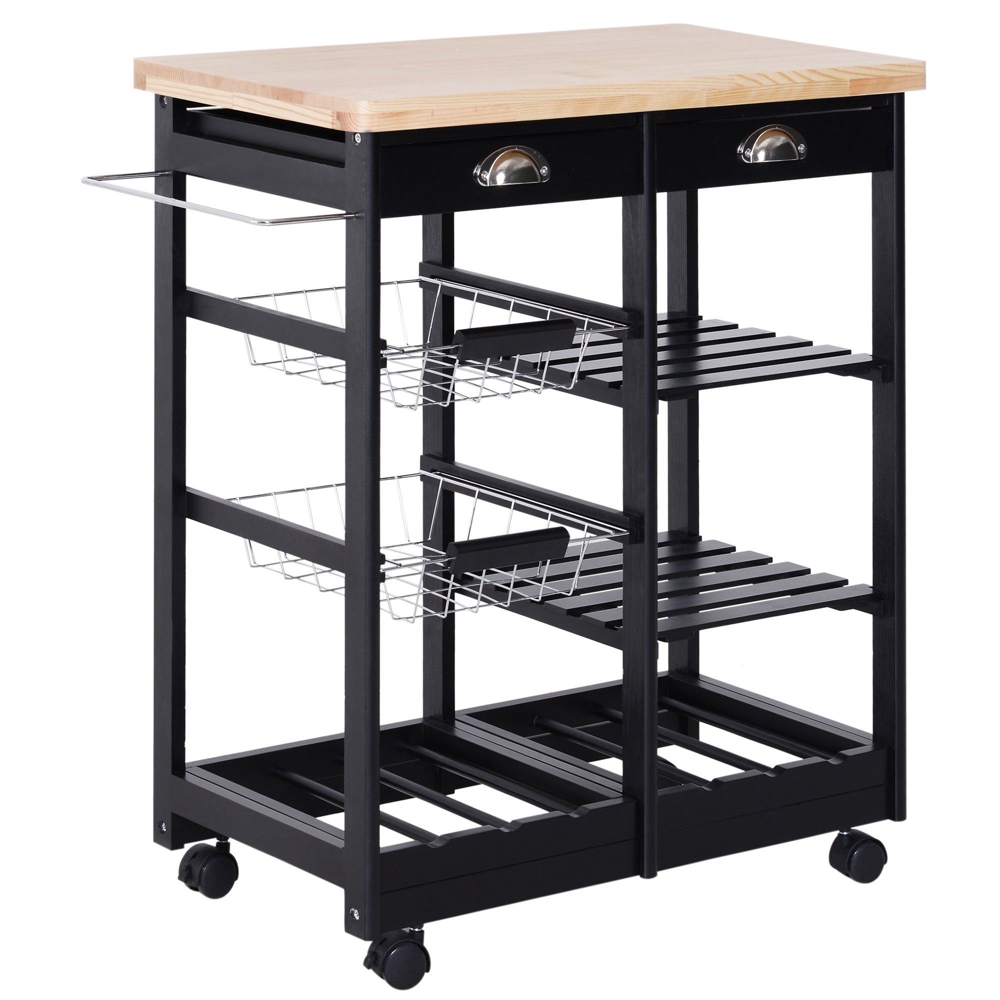Carrito auxiliar con ruedas carrito verdulero carro de cocina con 2 cajones 2 cestas y 2 estantes 74x37x76 cm negro