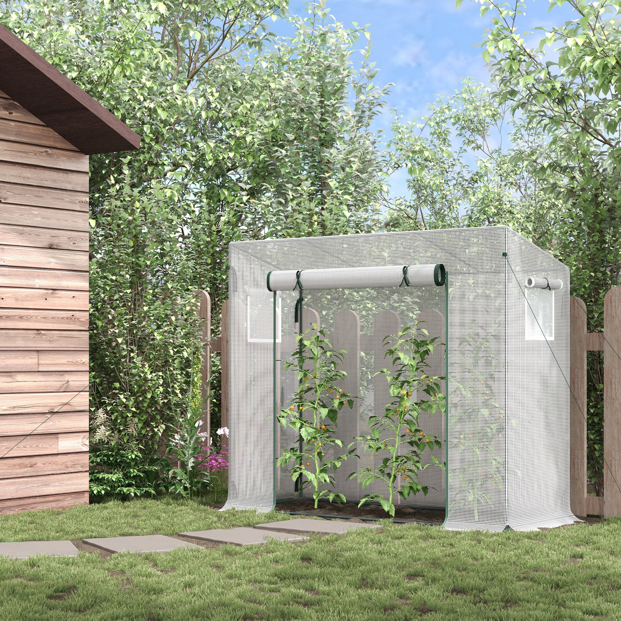 Serre de jardin avec porte roulante, 2 fenêtres et bords allongés, serre en acier et en PE, 200x76x168 cm, blanche - 3