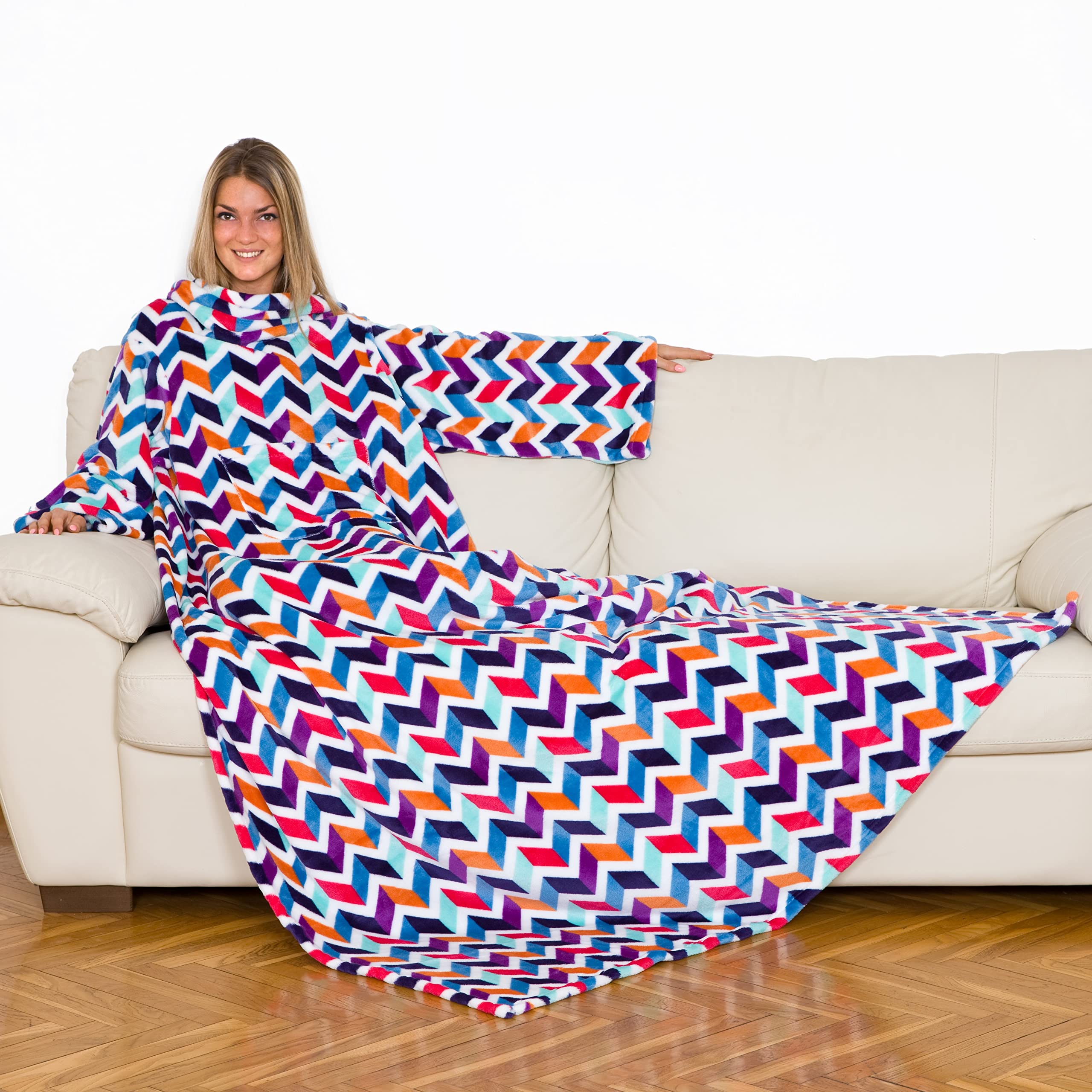 KANGURU Coperta Con Maniche In Pile Deluxe Floral, Blu/bianco, Con Tasca Frontale, 140x210 Cm, Regalo