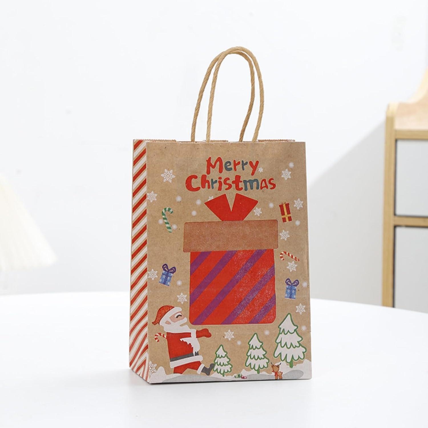 10 brązowych torebek prezentowych świątecznych z uchwytami, 33 x 26 x 12 cm, papier kraft, odpowiednie na przekąski, prezenty i do pakowania pudełek