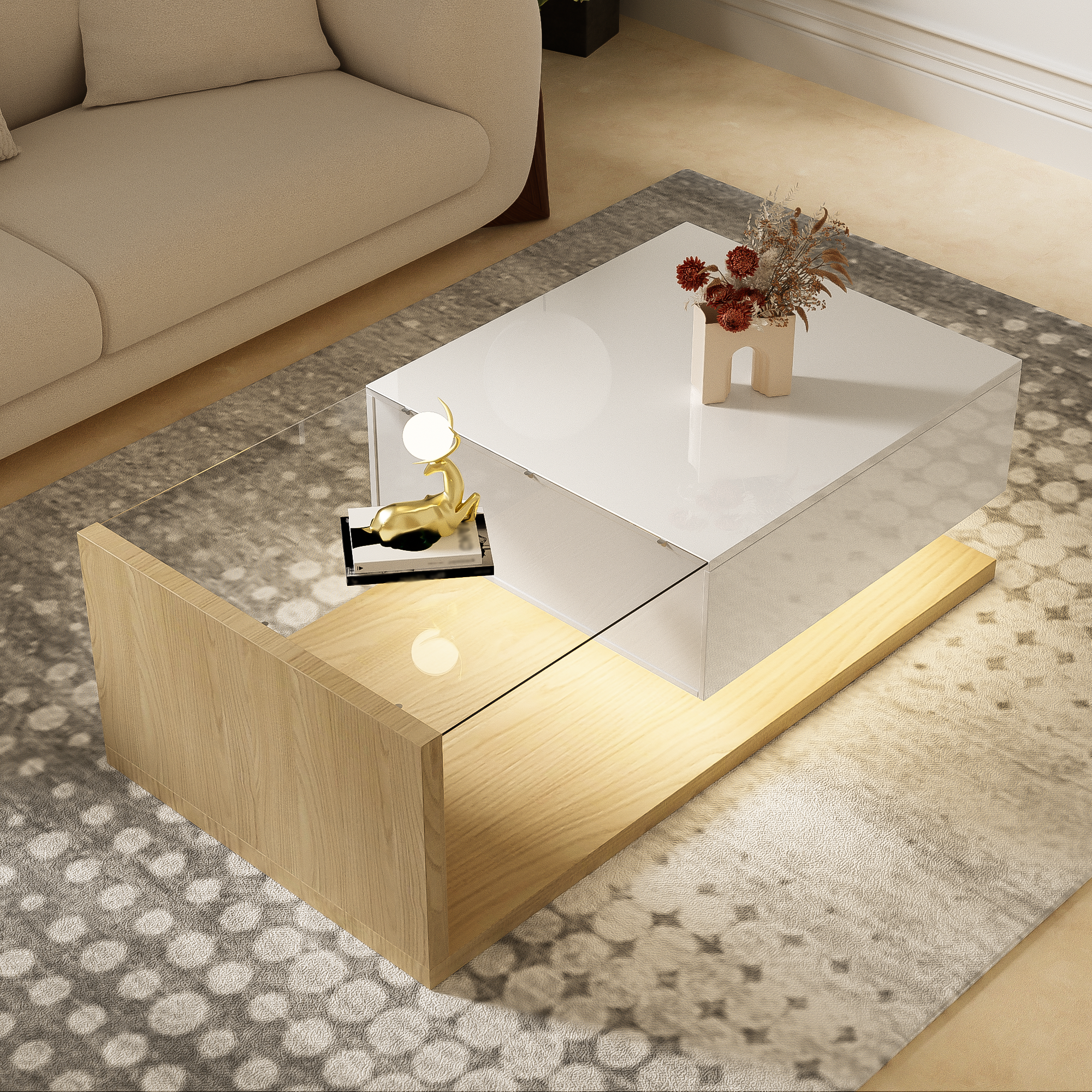 Couchtisch - Holztöne i biały lustrzany - 105x55x32,5cm - szuflada - LED - szkło - 9