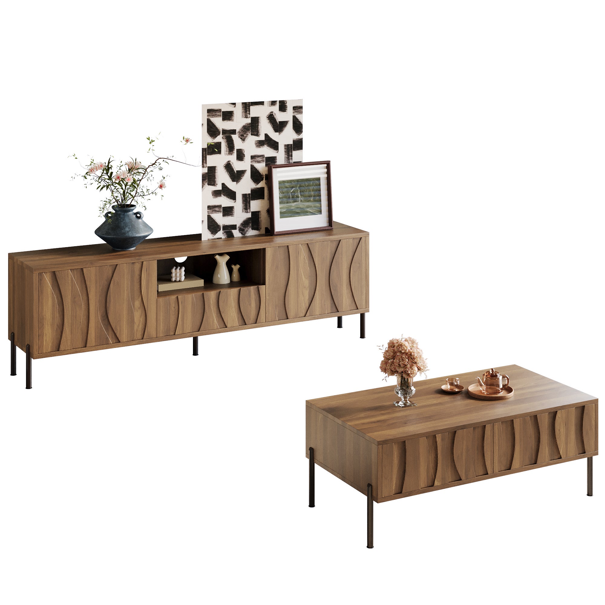 Zestaw stolika kawowego i szafki RTV - 160 x 35 x 46 cm + 105 x 55 x 41 cm - Drzwi z falistym wzorem - Płyta MDF - Naturalna - 2