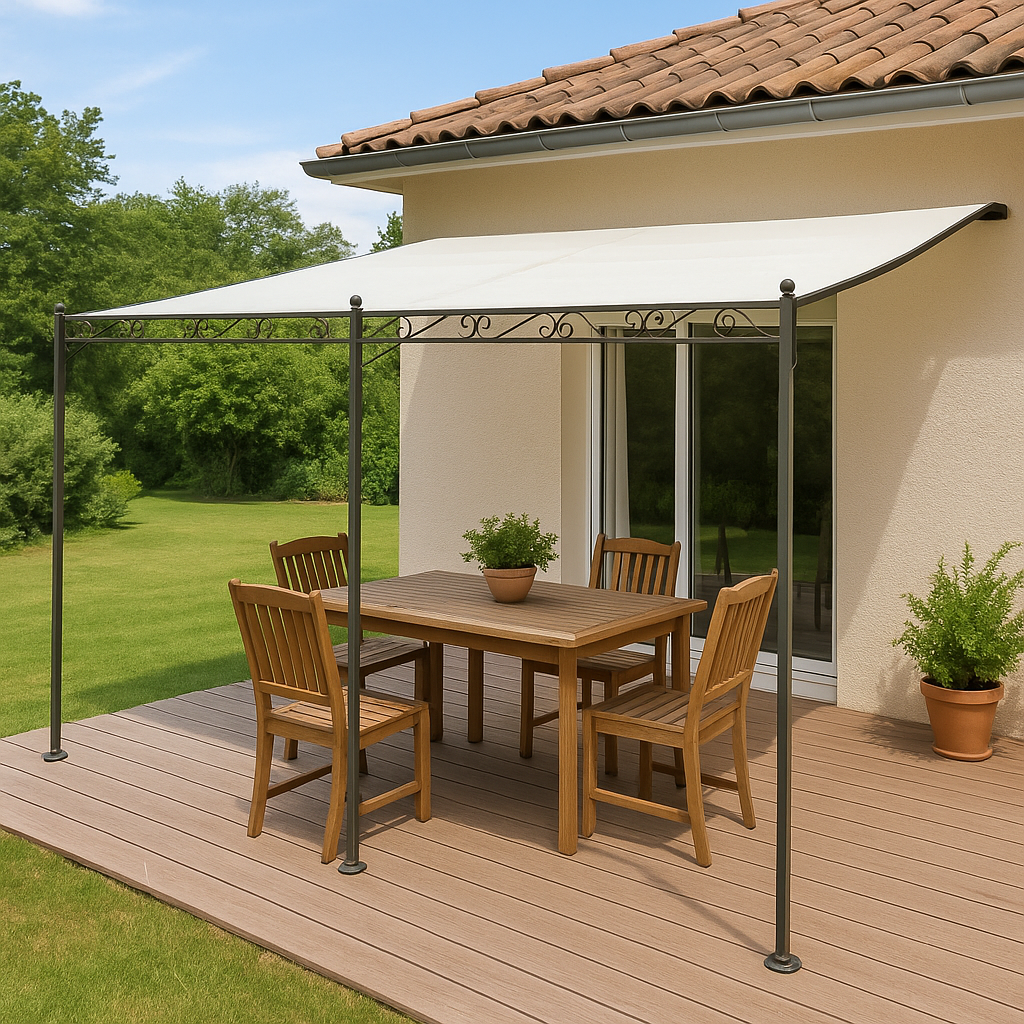Tonnelle Adossée en fer forgé - Toile Beige, Polyester 160 g/m² - 4 x 3 m - 6