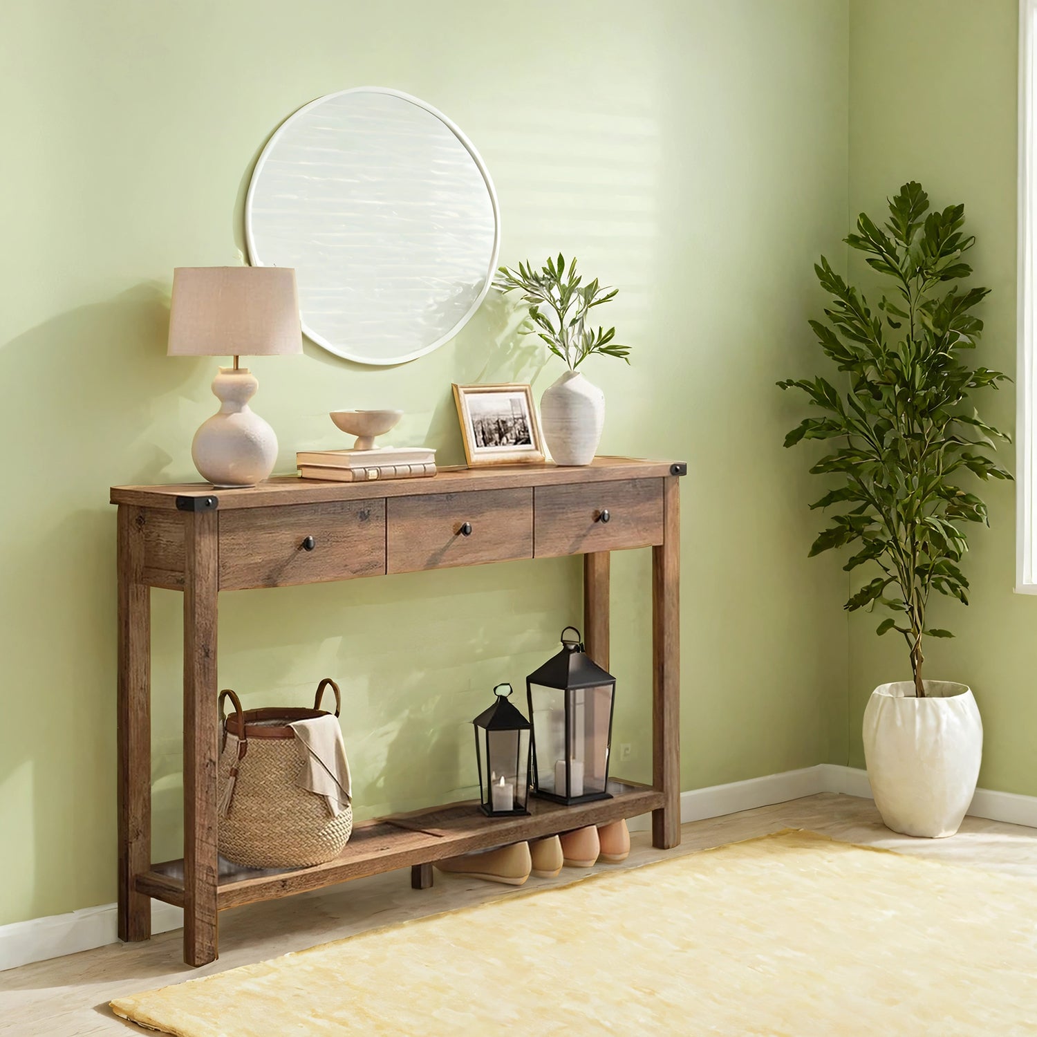 Table Console, Table d'Entrée avec 3 Tiroirs et Étagère de Rangement, pour Entrée, Salon, Style Campagnard, Marron - 3