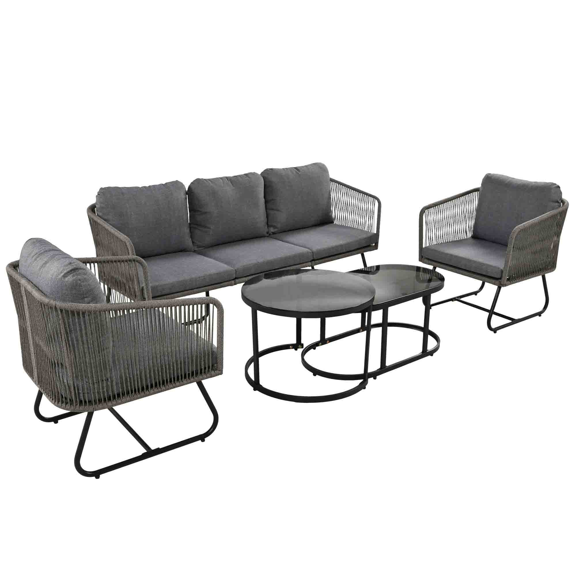 Set de salon de jardin avec cadre en fer galvanisé, mobilier en corde, pieds réglables, table en verre lisse, 5 pièces avec coussins, Gris - 4