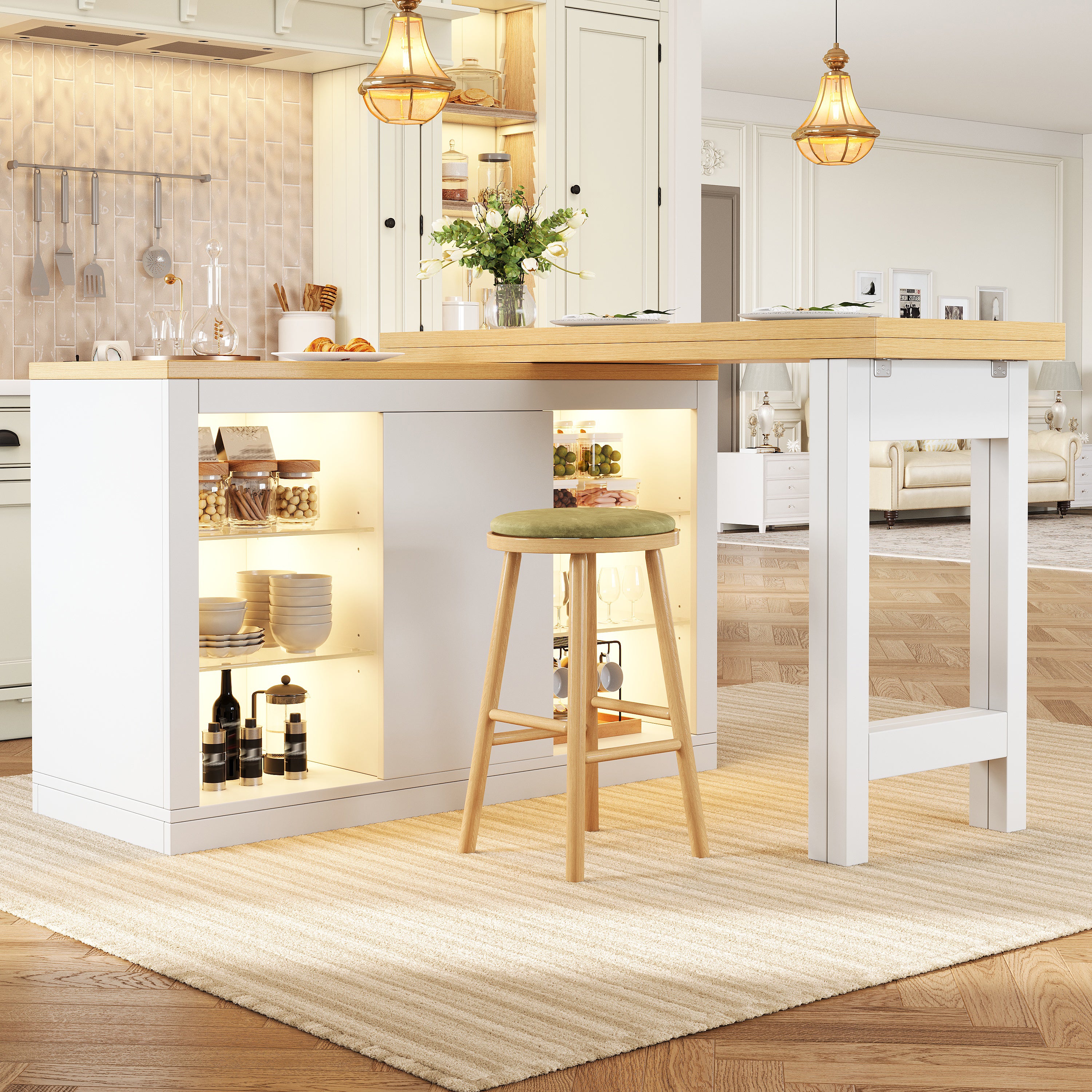 Ilot Cuisine Extensible 120-197*40*72cm cm avec Table à Manger, Pivotant 360°, LED RGB App, Portes Magnétiques et Étagères en Verre, Blanc - 2