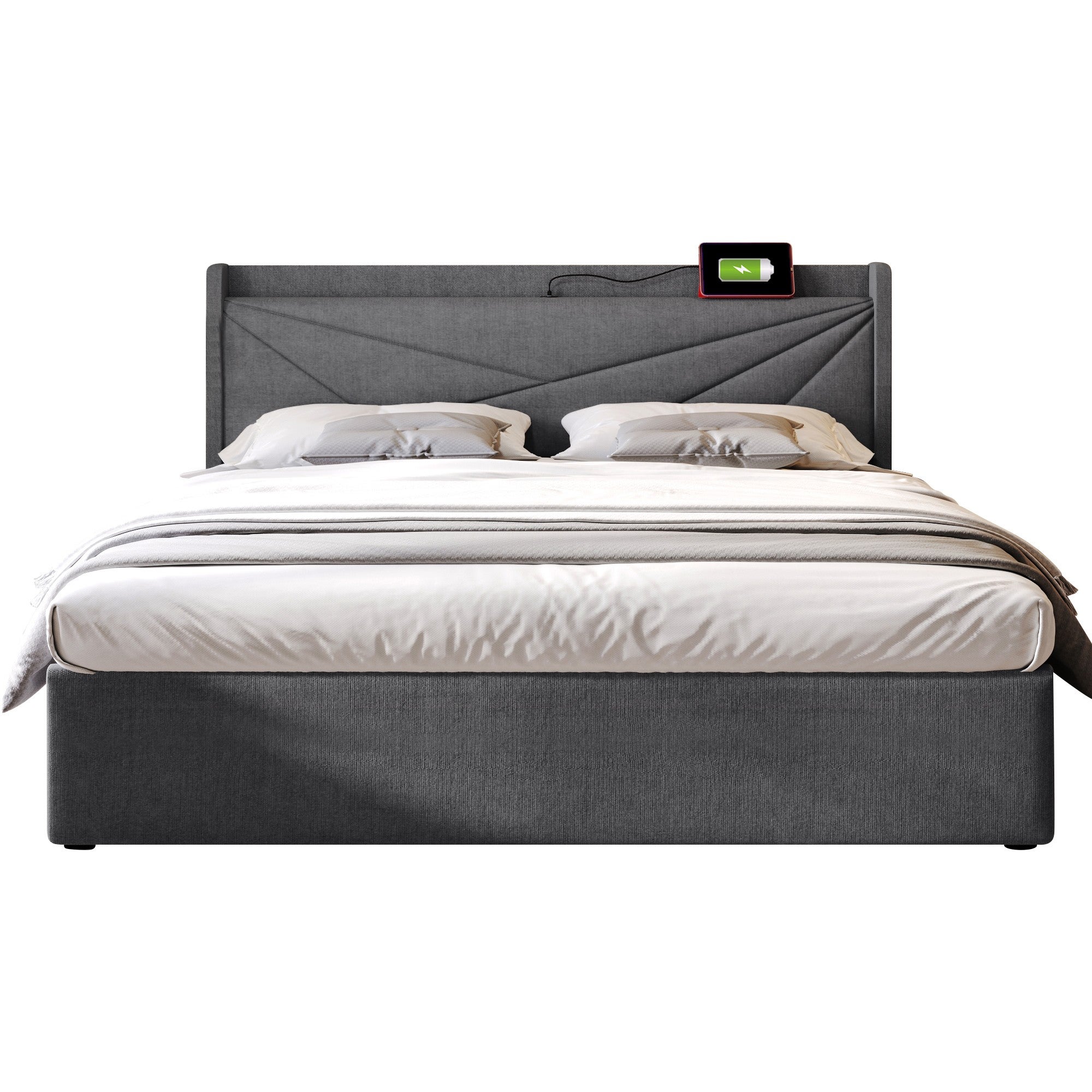 Lit coffre lit rembourré 160x200 cm avec fonction de charge USB Type C, lin, gris, sans matelas - 9