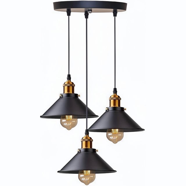 GOECO Suspension 3 Lumières Industrielle Noire, Métal Avec Abat-Jour Conique, Douille E27, Sans Ampoule Pour Cuisine Salle À Manger Bar