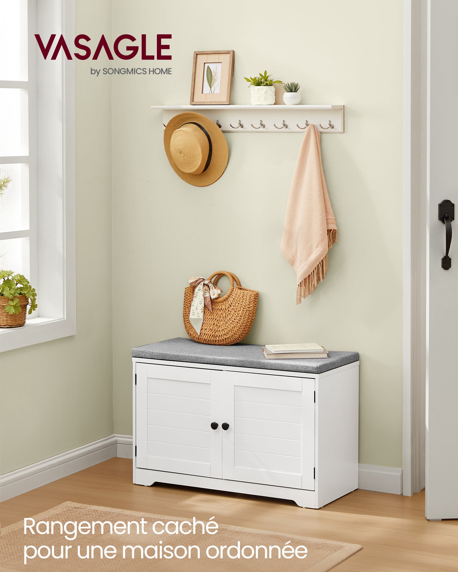Banc à Chaussures sur 3 Niveaux, Banc de Rangement, avec Coussin, Étagères Réglables, 35,5 x 81 x 52,5cm, pour Entrée, Blanc Nuage et Gris Tourterelle - 2