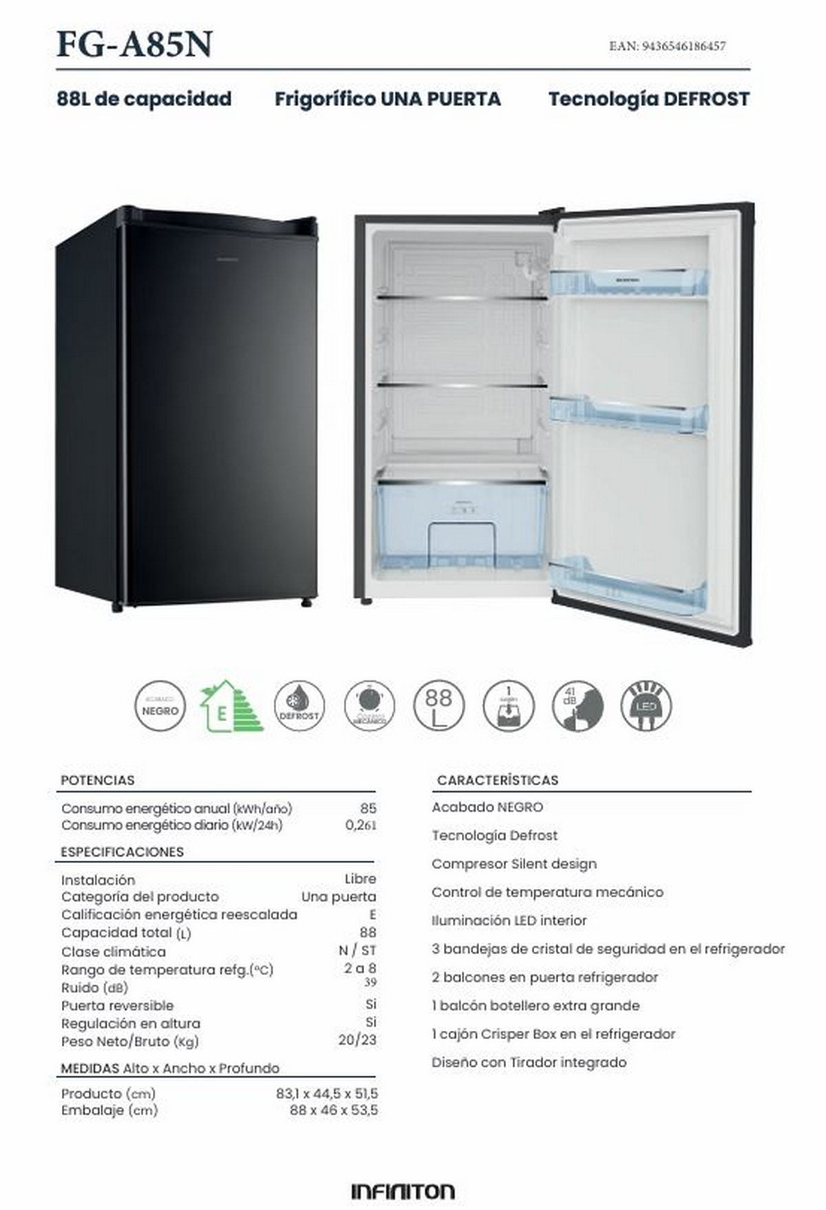 Frigorífico de uma porta INFINITON FG-A85N, 88 litros, 83 cm, E, Cyclic, preto - 3