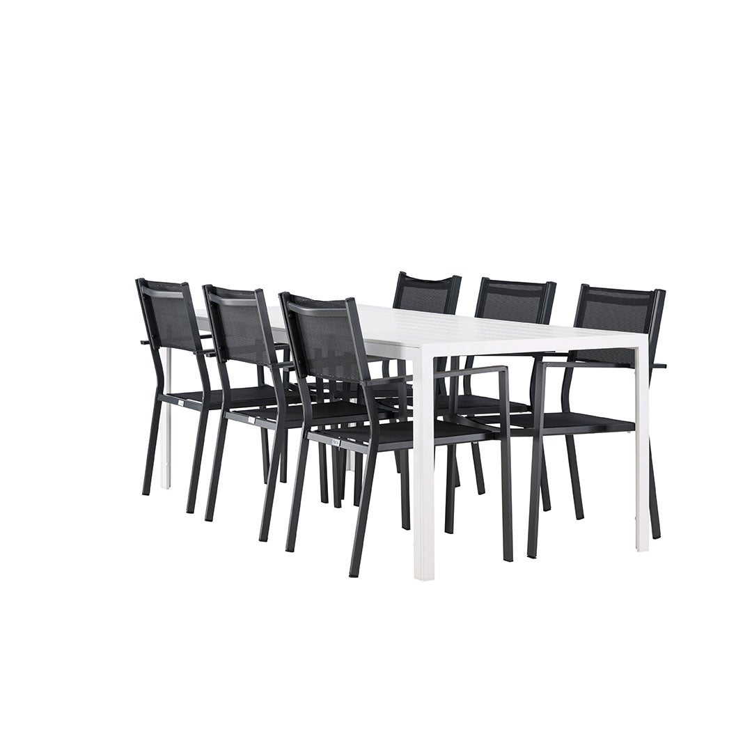 Break zestaw ogrodowy stół 90x205cm biały, 6 krzeseł czarnych.