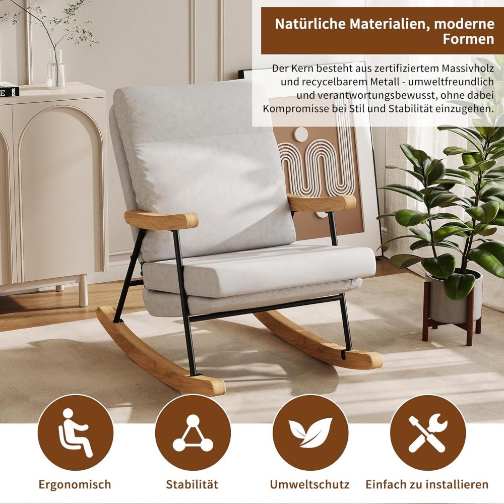 Chaise à bascule scandinave en lin ergonomique, bois massif et métal, fauteuil relax salon chambre. - 4
