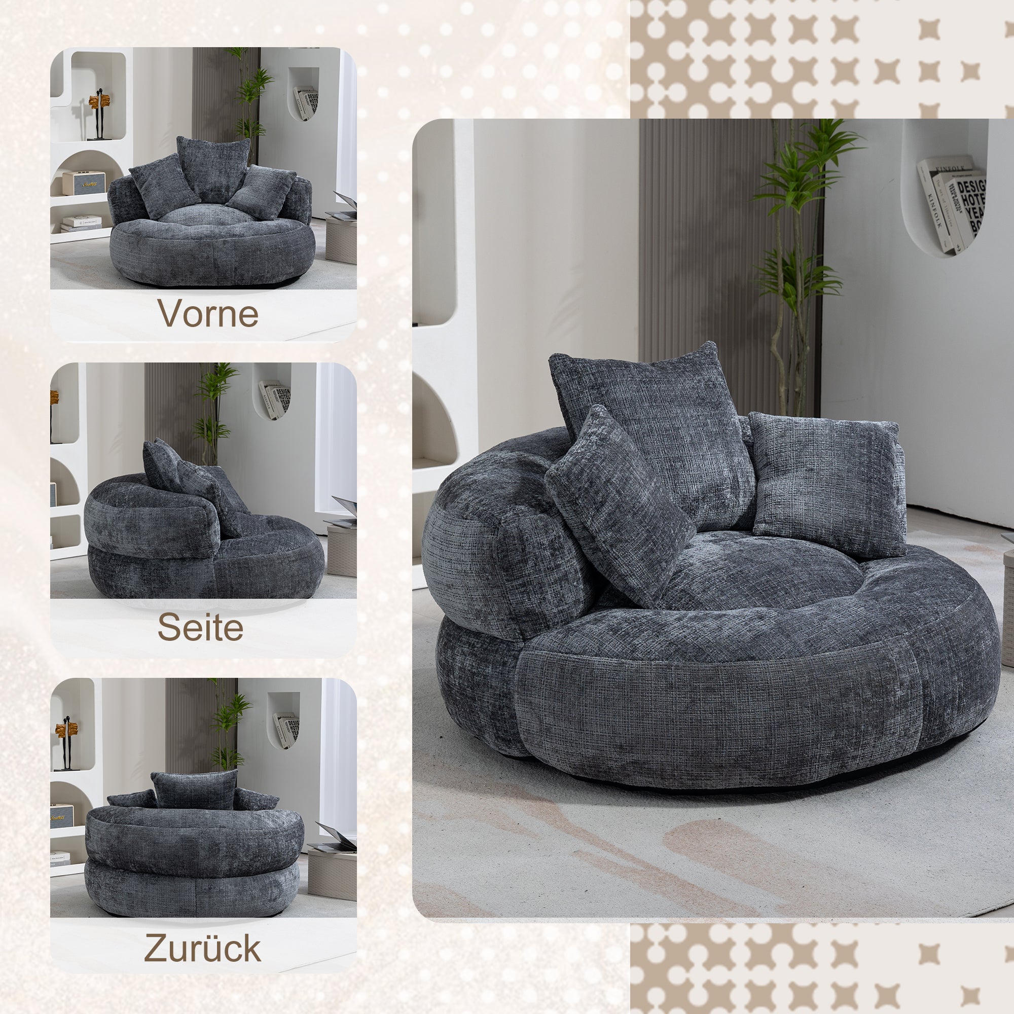 Sofá Puff Lazy Sofa Durável e Confortável com Encosto Alto e Três Almofadas para Adultos e Crianças, Ideal para Escritório (Chenille Cinza) - 4