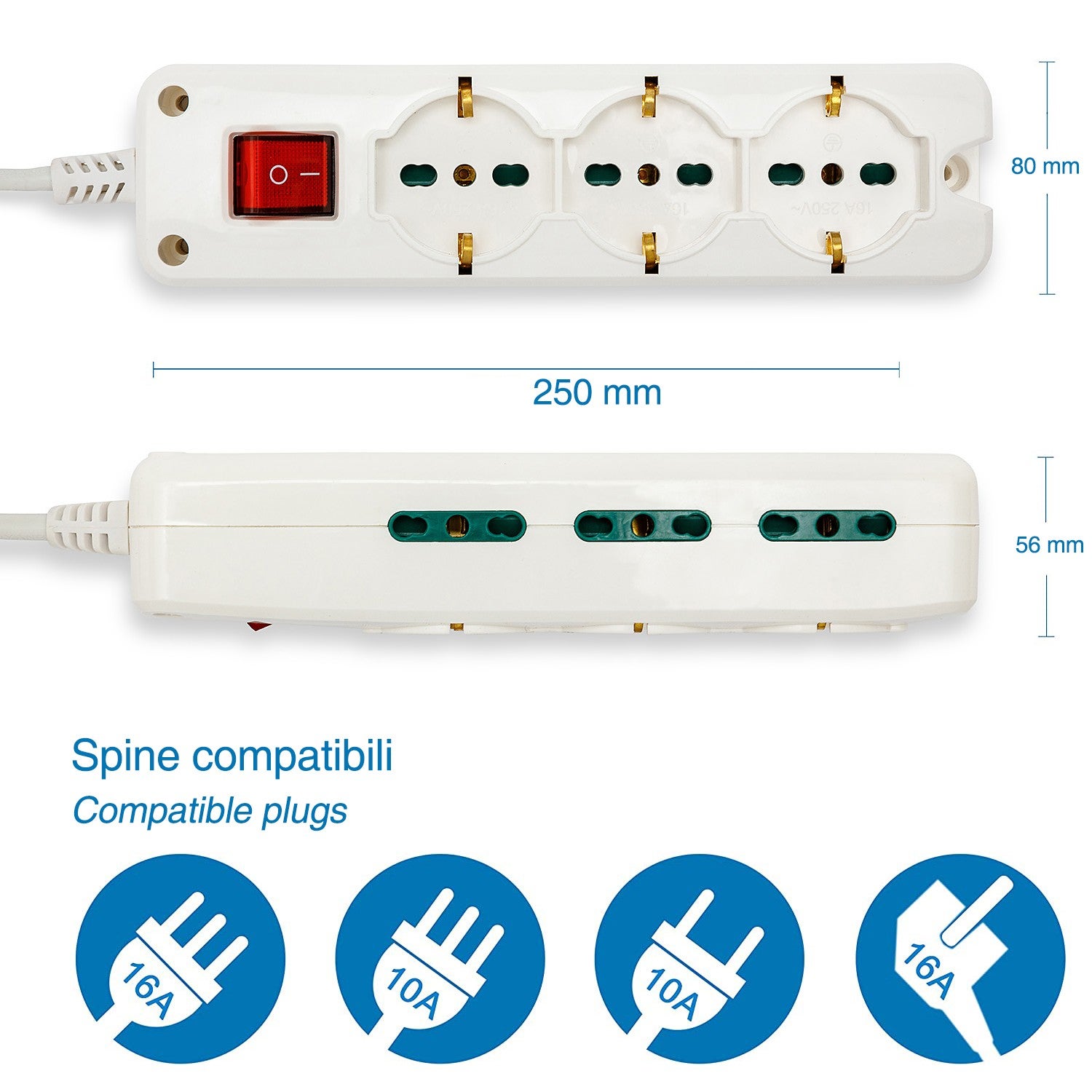 Multiprise italienne 9 entrées, câble de 1,5 m et interrupteur lumineux - 9