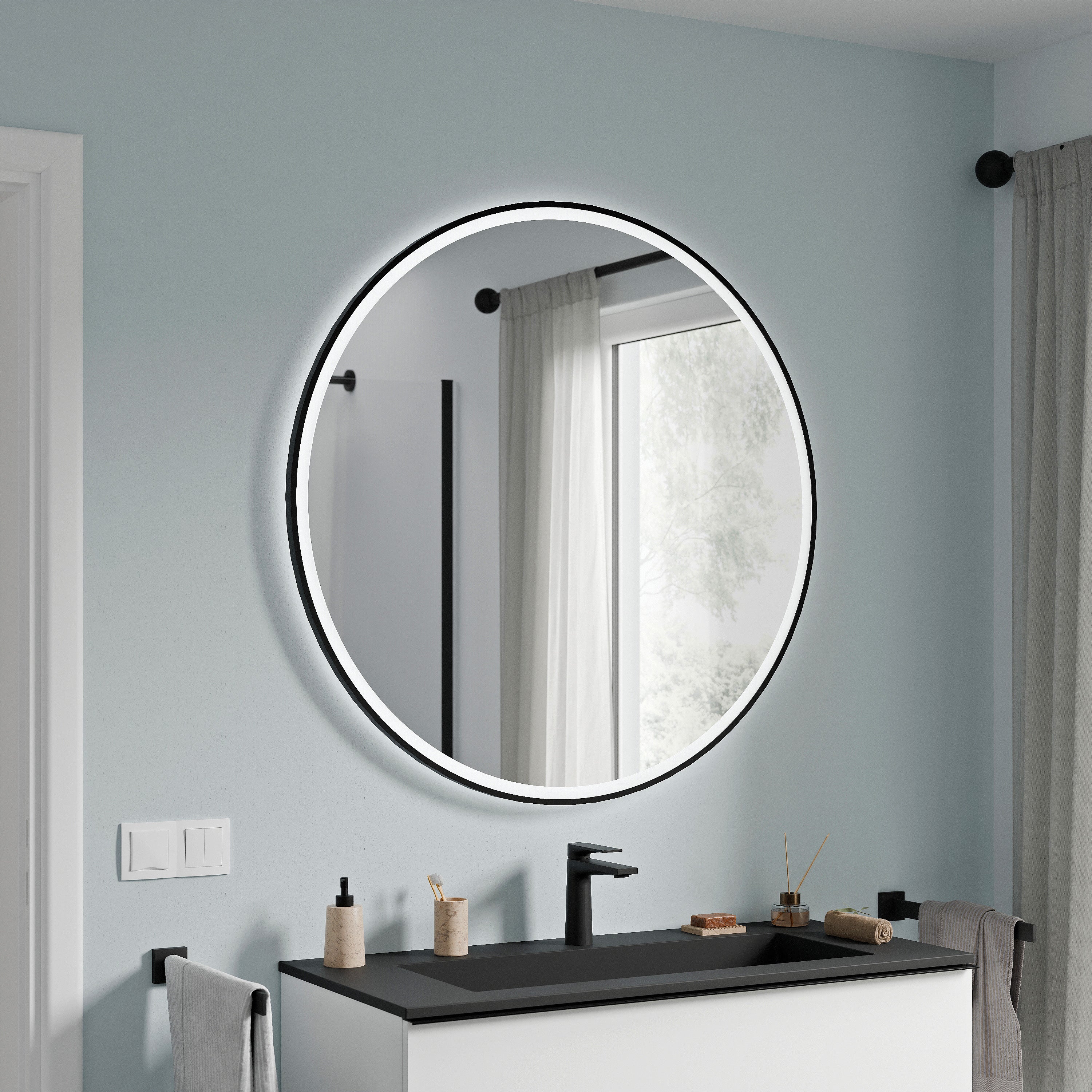 BERNSTEIN - Miroir rond salle de bain éclairage LED ∅80cm cadre Gris