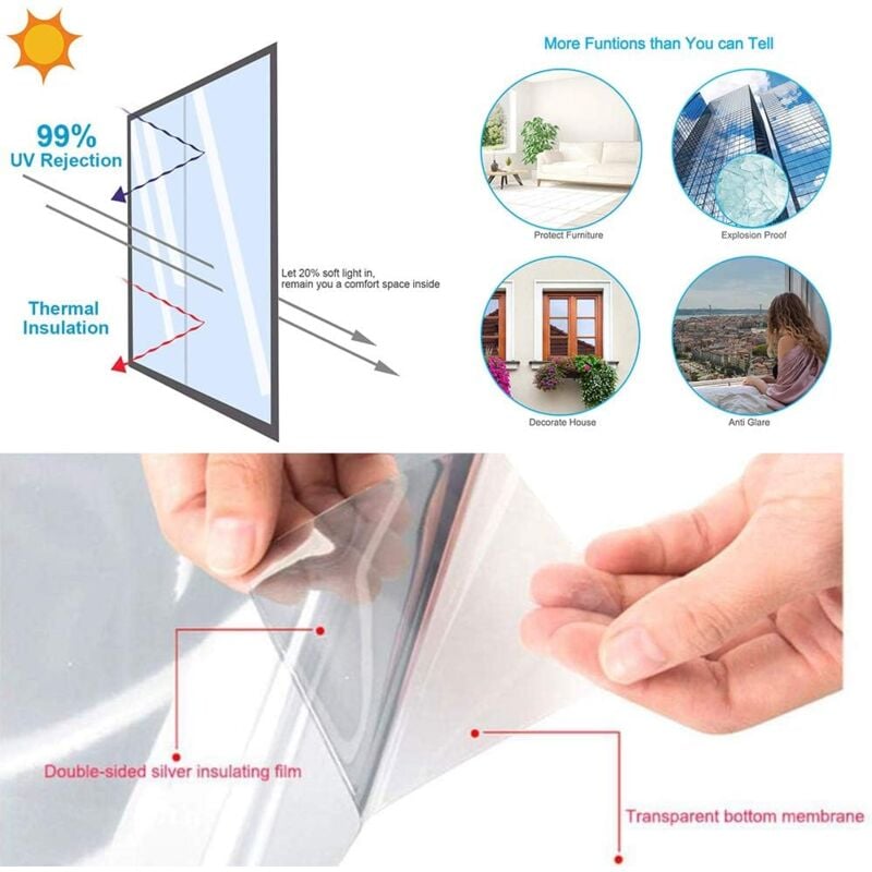 Film Miroir Fenêtre sans Tain Anti UV Anti Chaleur Anti-Regard Contrôle de la Température Film Adhésif Réfléchissant (40*200cm) - 4