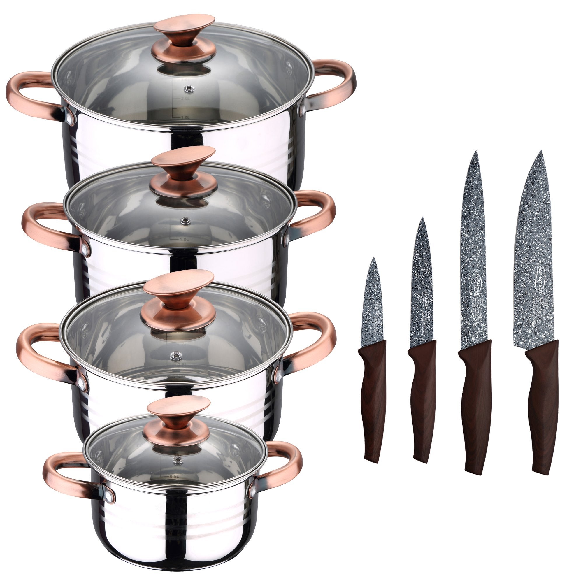 San Ignacio Set Cucina 8 Pezzi: 5 Pentole Acciaio Inox + 3 Padelle Antiaderenti Marroni, Adatto A Induzione