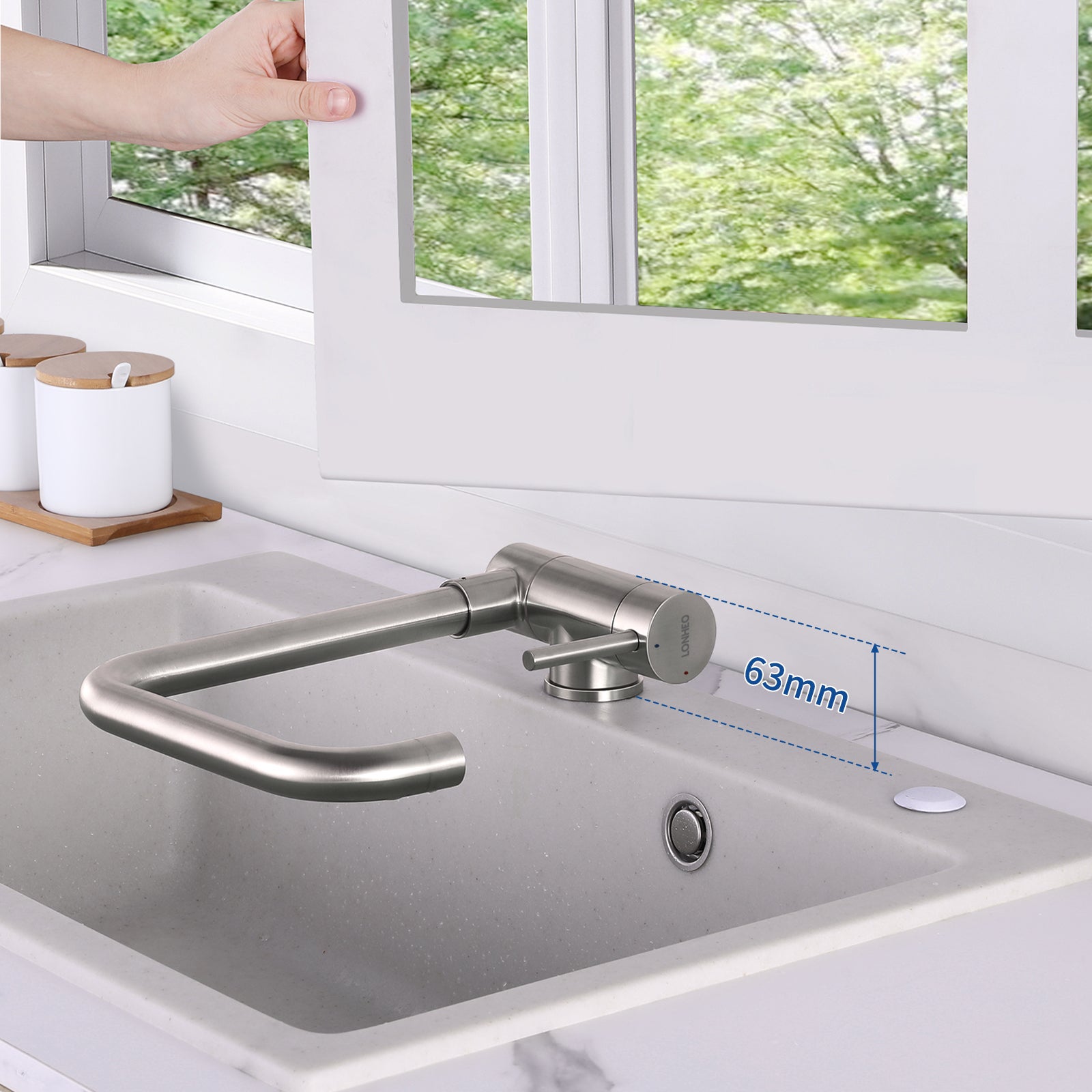 Lonheo max Robinet de Cuisine Rabattable 2 Jets aux Choix, Mitigeur Evier Repliable en Inox Brossé devant Fenêtre, Mitigeur d'évier Pliable - 2
