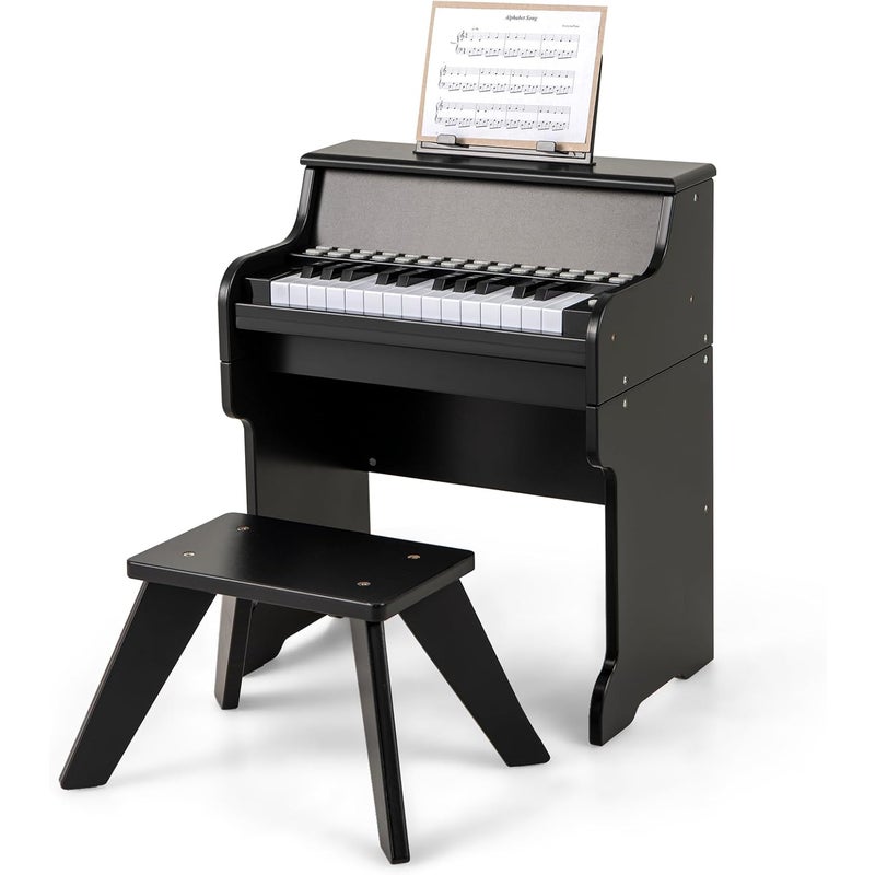 Klavier dla Dzieci z Taboretem, Cyfrowy Fortepian z 25 Klawiszami i Pulpitkiem, Tryb Nauki, Regulowana Głośność/Prędkość (Czarny)