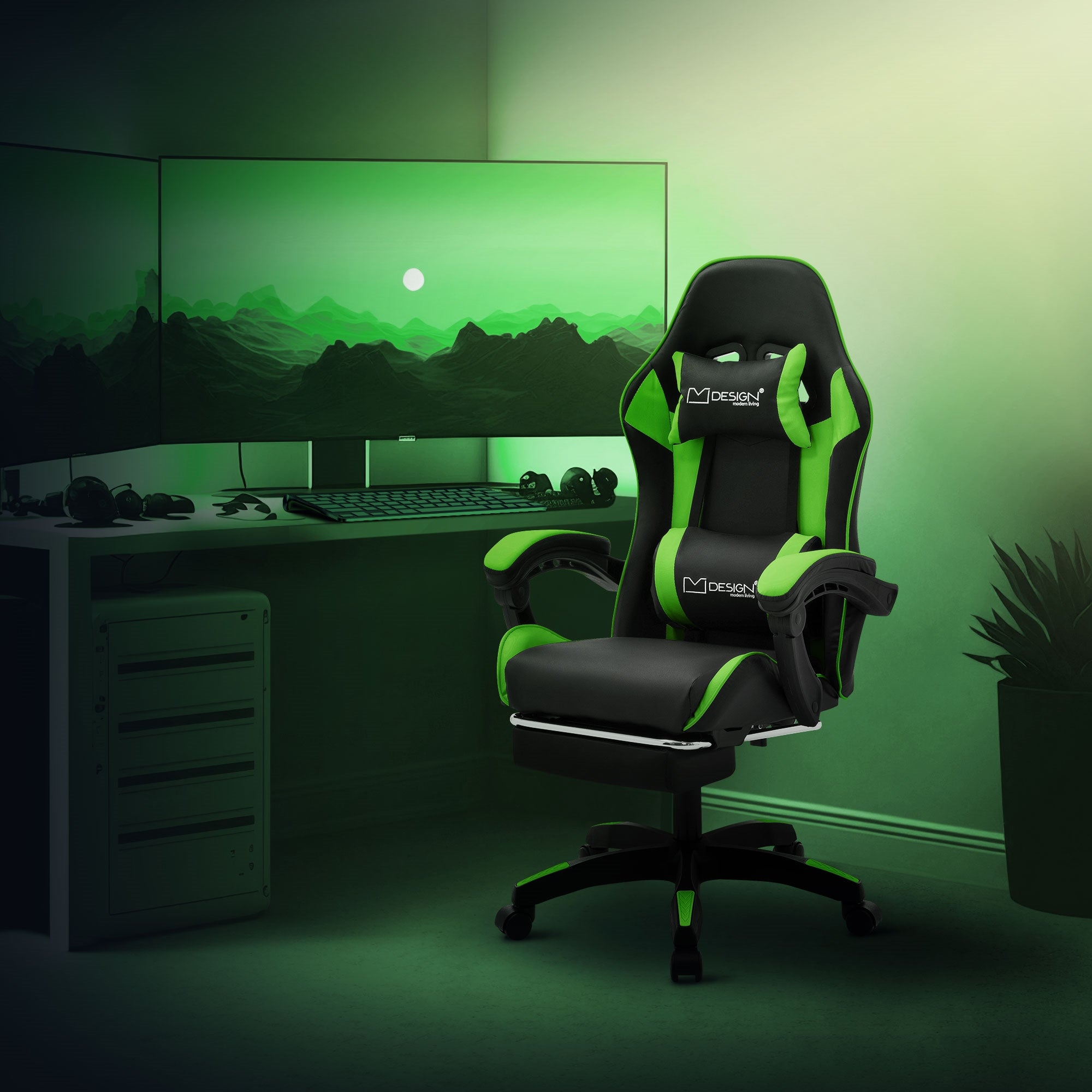 ML-Design fotel gamingowy ergonomiczny dla graczy czarno-zielony obrotowy regulowany z podnóżkiem podłokietnik zagłówek poduszka lędźwiowa biurowy